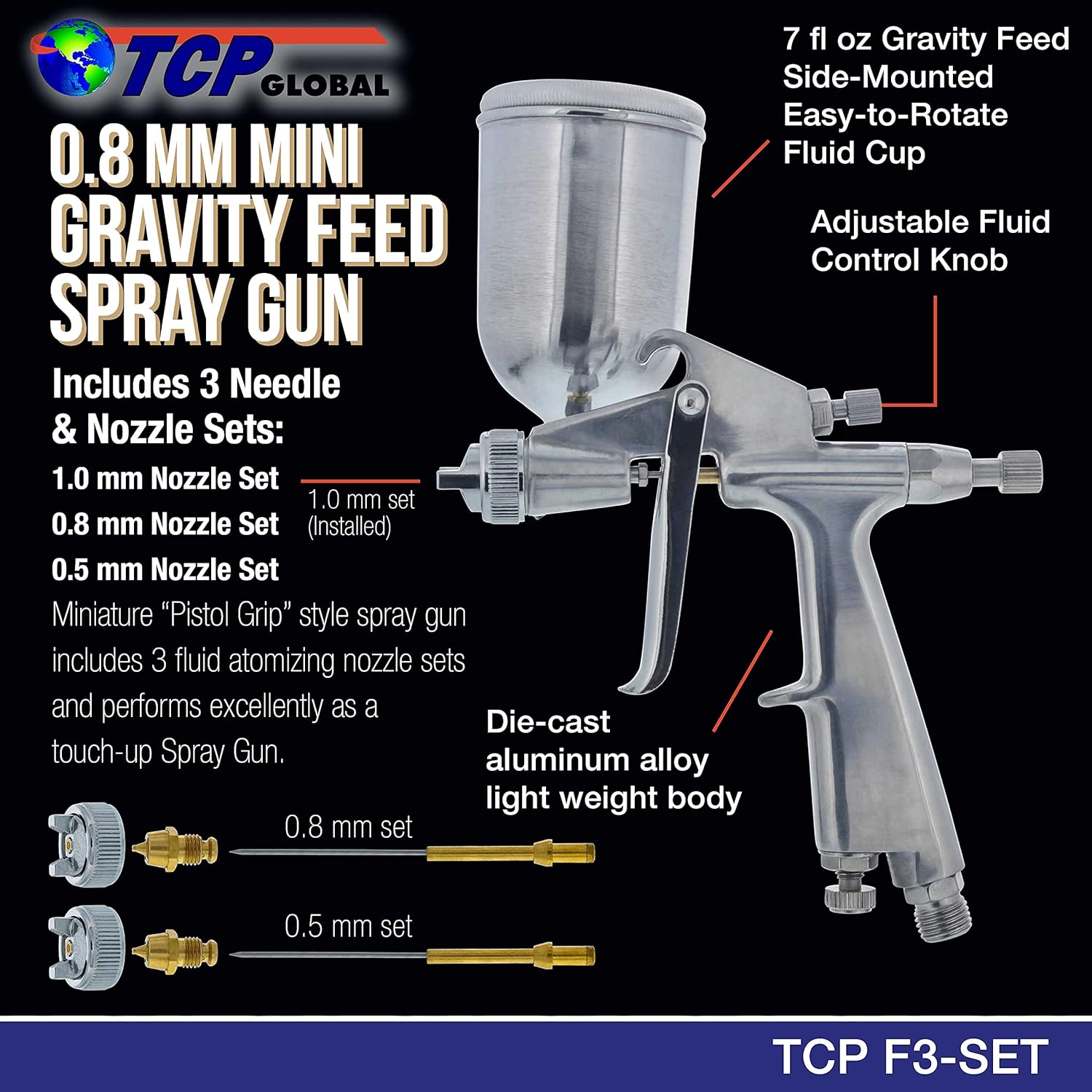 TC Globa Min Gravit Fee Spra Gu wit .8mm .5m 1.0m Needl Nozzl Set Sid Mounte Rotatin Cup