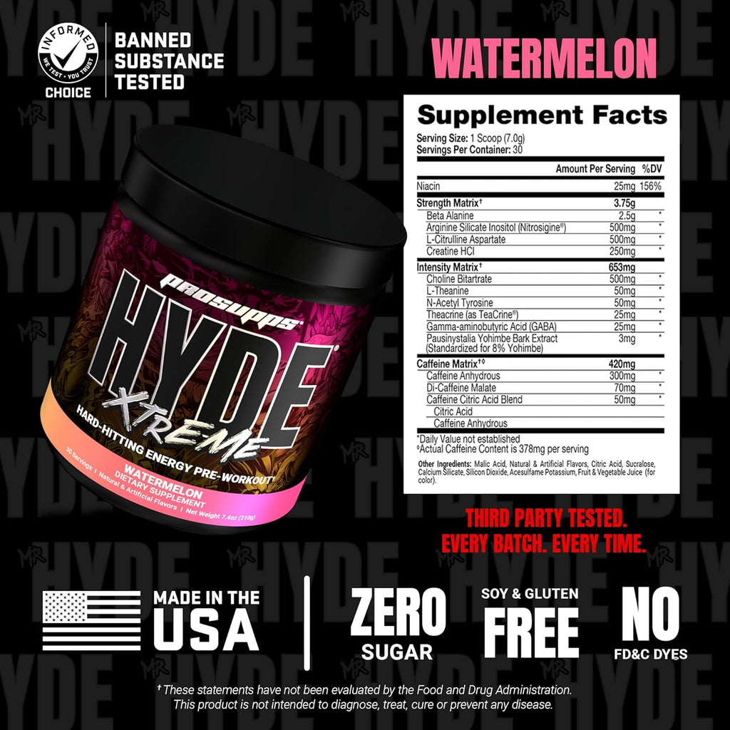PROSUPPS Mr. Hyde Xtreme Pre Workout Powder with Creatine, Beta Alanine Caffeine ¨C Extreme Energy, Pumps, Focus Performance - Fitness Gym Supplements for Men Women (Watermelon, 30 Servings)