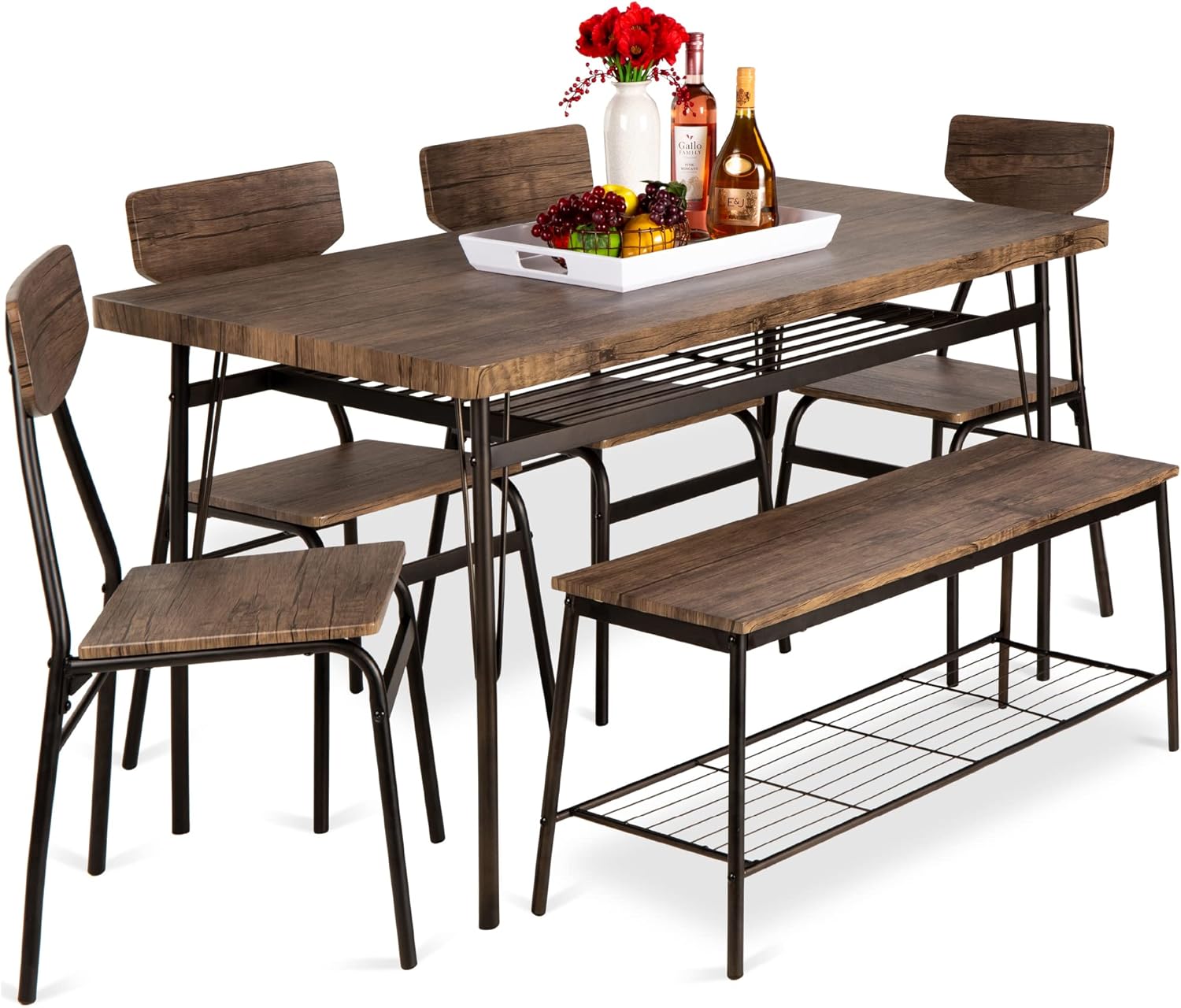 Bes Choic Product 6-Piec 55i Moder Dinin Se fo Home Kitchen Dinin Roo w/Storag Racks Rectangula Table Bench Chairs Stee Fram Brown