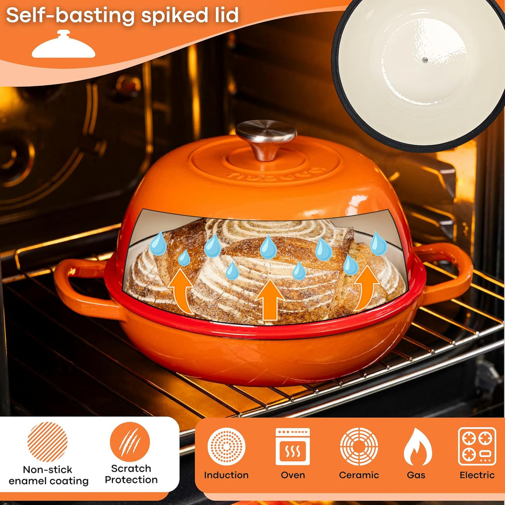 Enamelled Cast Iron Dutch Oven Pot ¨C Dutch Oven For Sourdough Bread Baking ¨C Cast Iron Bread Pot ¨C Orange, 6 Quarts, 26cm ¨C by Nuovva