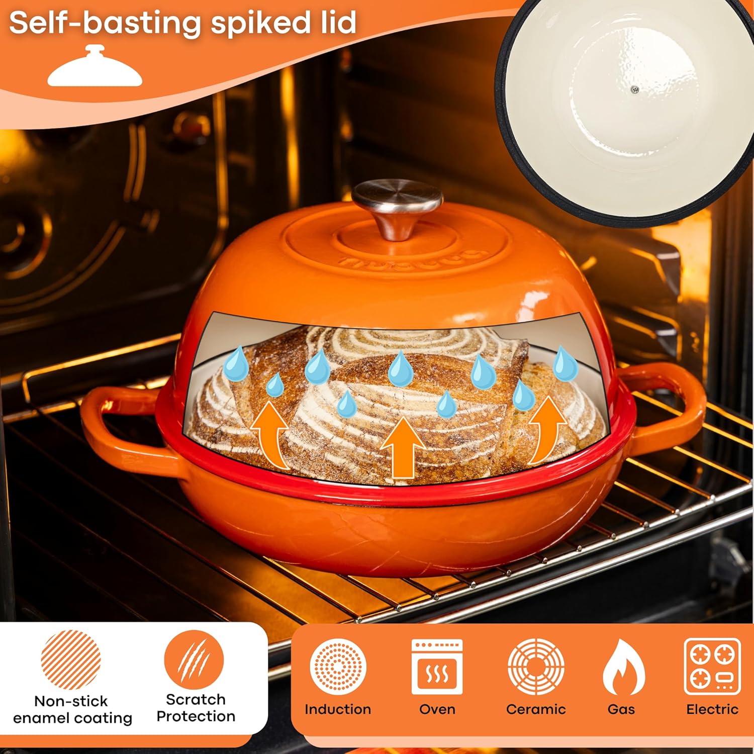 Enamelled Cast Iron Dutch Oven Pot ¨C Dutch Oven For Sourdough Bread Baking ¨C Cast Iron Bread Pot ¨C Orange, 6 Quarts, 26cm ¨C by Nuovva