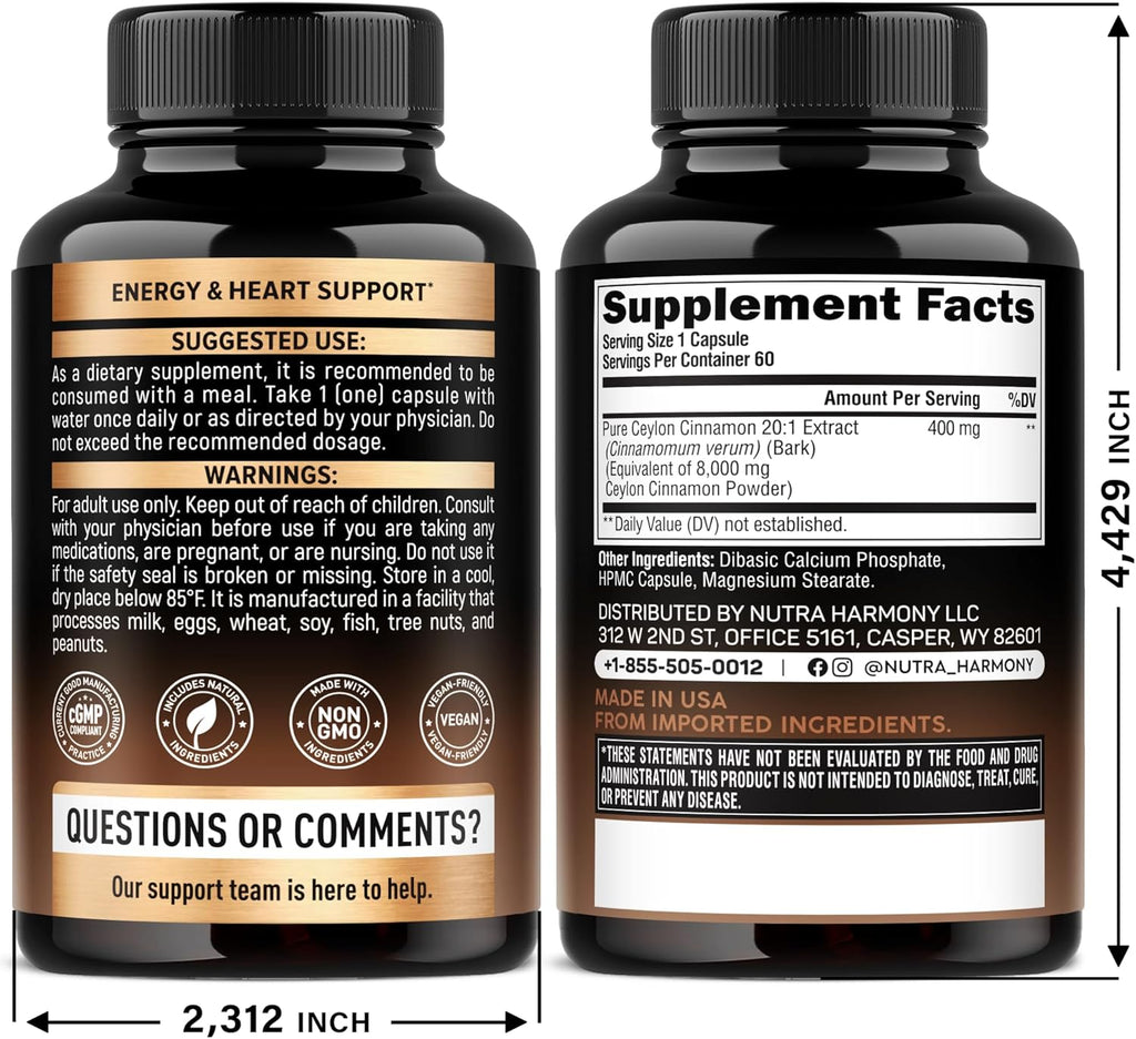 Ceylon Cinnamon Capsules - Extra Strength - Energy Heart Metabolism Support for Men Women - Pure Natural Cinnamon 20:1 Extract Supplement - GMO Gluten Free - Made in USA - 60 Capsules 2 Month