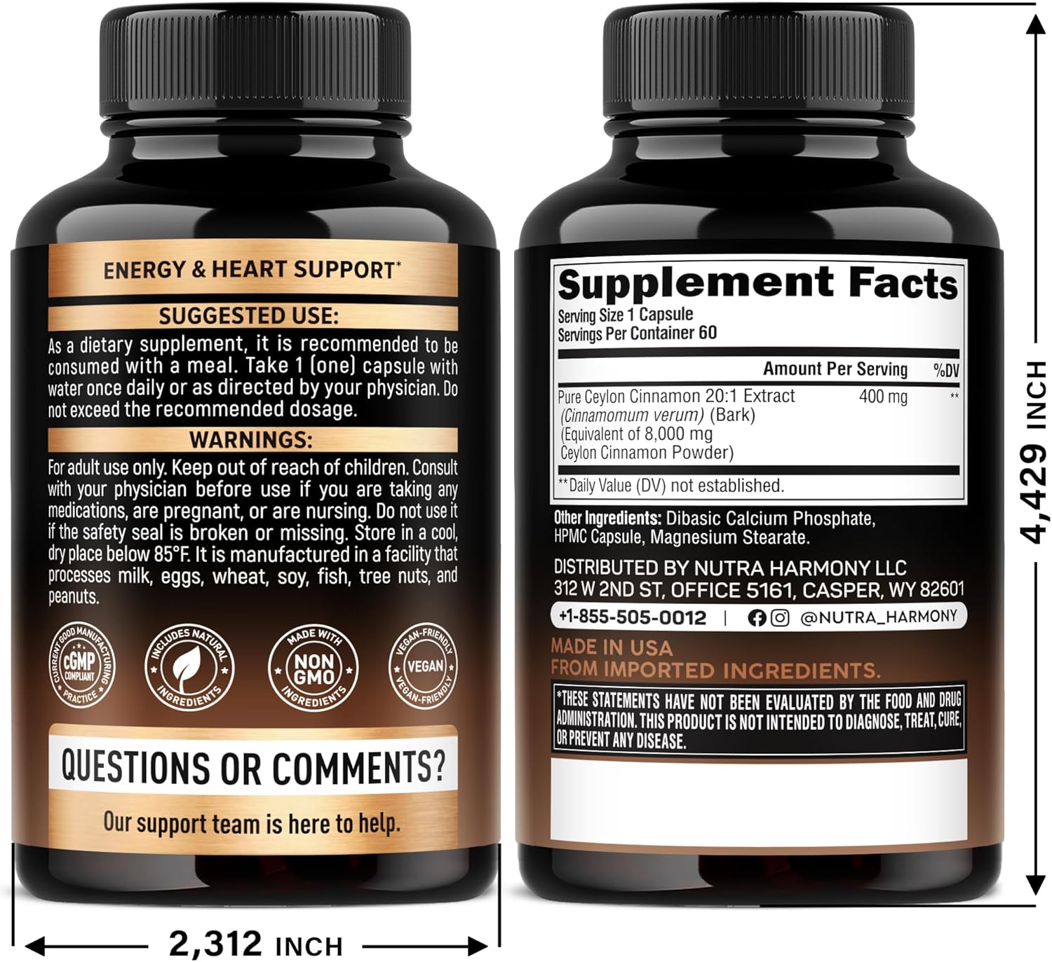 Ceylon Cinnamon Capsules - Extra Strength - Energy Heart Metabolism Support for Men Women - Pure Natural Cinnamon 20:1 Extract Supplement - GMO Gluten Free - Made in USA - 60 Capsules 2 Month
