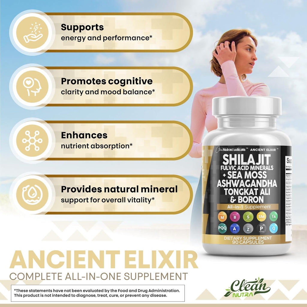 Clea Nutraceutical Shilaji Supplemen fo Me wit Se Moss Tongka Ali Ashwagandha Boron Zinc CoQ10 PQ Fulvi Aci Capsule Energ Suppor 9 Coun Resin Gumm Powde Alternative