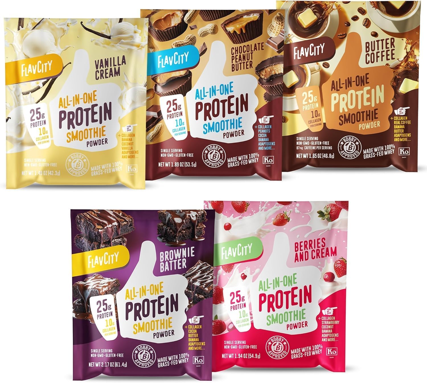 FlavCity Grass Fed Whey Protein Powder - Variety Pack - 25g Protein 10g Collagen - 5 Single Serve Packets - Made with Organic Reishi Cordyceps - Gluten Free No Added Sugars