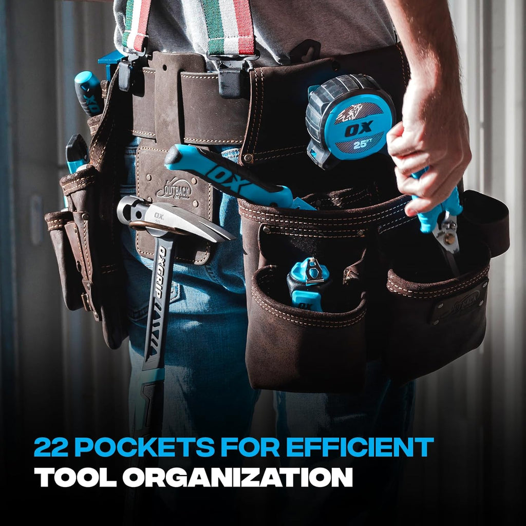 Ox Tools Pro Construction Tool Belt - 22-Pocket Leather Tool Belt Pouches - Rig Made of Oil-Tanned Leather with Double-Stitching and Steel Rivets - OX-P263604