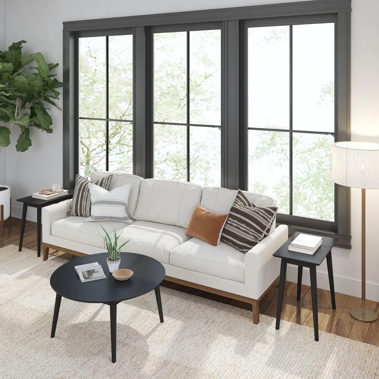 Plank+Beam Mid Century Modern Coffee Table, 36 Inch Wood Coffee Tables for Living Room, Round Center Table, Cocktail Table for Small Spaces, Black
