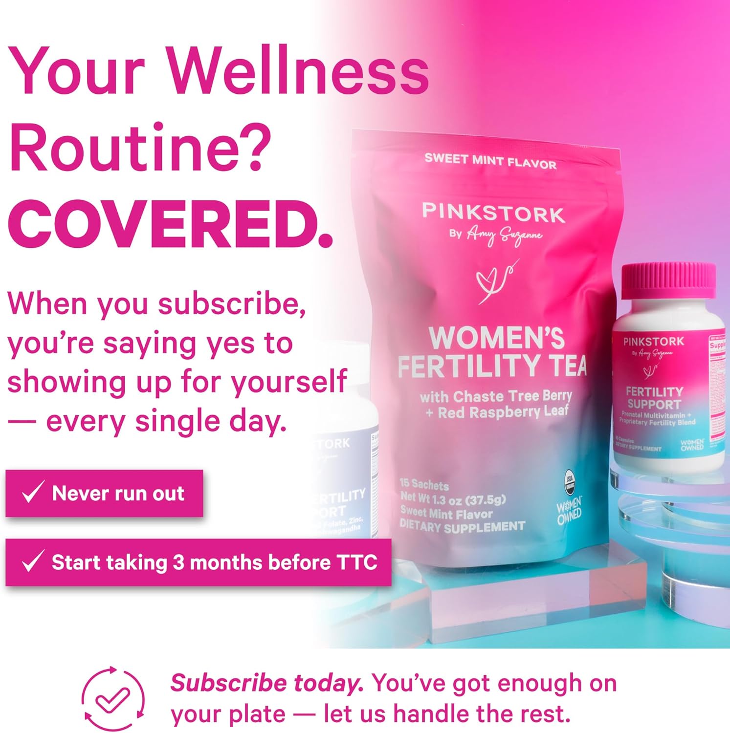 Pink Stork Fertility Supplements for Women | 2-in-1 Conception Support with Inositol, Folate + CoQ10 | Cycle Regularity, Hormone Balance + Reproductive Wellness | 60 Capsules