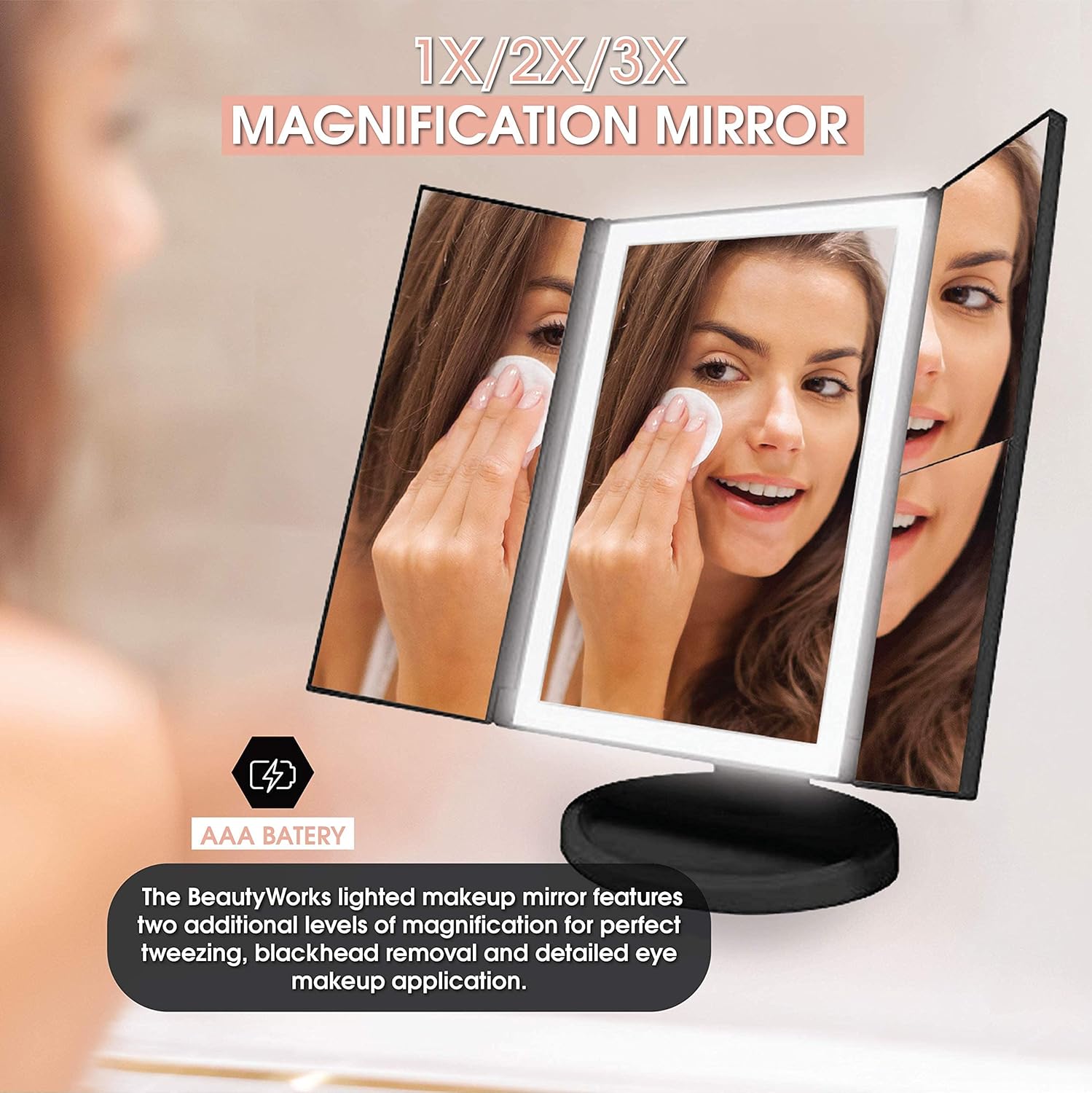 Beautywork Backli Makeu Vanit Mirro 3 LE Light Touch-Scree Ligh Control Tri-Fol 1/2/3 Magnification Portabl High-Definitio Cosmeti Magnifyin Persona Makeu Mirror (Midnigh Black)
