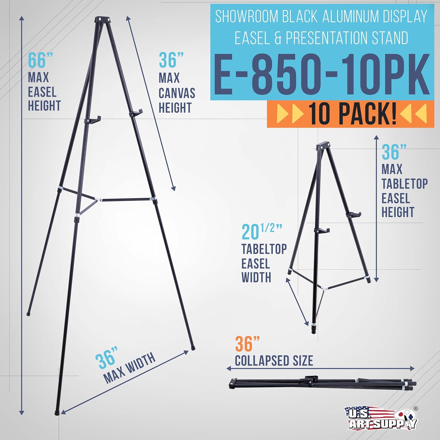 U.S. Art Supply 66inch High Black Metal Display Art Easel (10 Pack) - Large Adjustable Height Portable Easel Stand, Sign Display, Holds 25 lbs - Floor & Tabletop Easels, Sign Stand