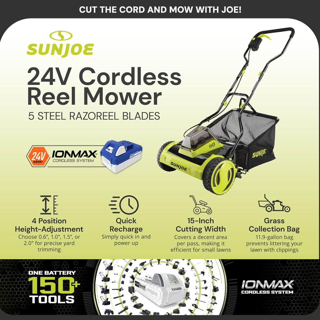 Sun Joe Cordless Electric Push Lawn Mower with 11.9-Gal Bag, 15-Inch Cutting Width, 360W Motor - Heavy-Duty Yard Trimmer for Gardening Care and Maintenance, IONMAX 24V-CRLM15