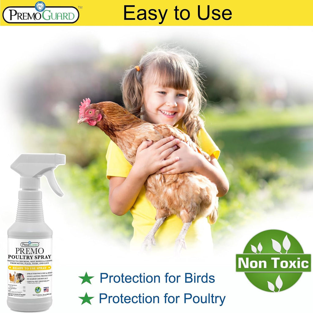 Premo Guard Poultry Spray - 16 oz - Kill Scaly Leg, Mites, Fleas, Lice, & Other Pest on Chickens and in Coops - Natural Plant Based Oils for Control, & Prevention - Family Safe with No Egg Withdrawl