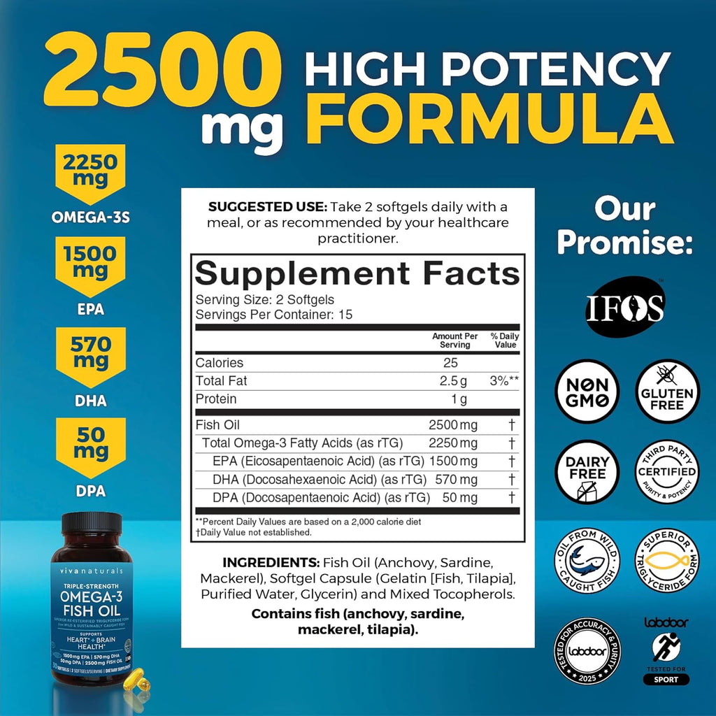 Viva Naturals Omega-3 Fish Oil, Triple Strength, 2500 mg, 30 Softgels ¨C Re-Esterified Omega 3 Fatty Acids Including EPA, DHA, DPA - Pascatarian-Friendly