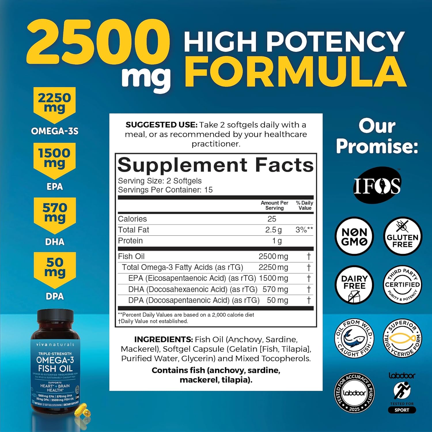 Viva Naturals Omega-3 Fish Oil, Triple Strength, 2500 mg, 30 Softgels ¨C Re-Esterified Omega 3 Fatty Acids Including EPA, DHA, DPA - Pascatarian-Friendly