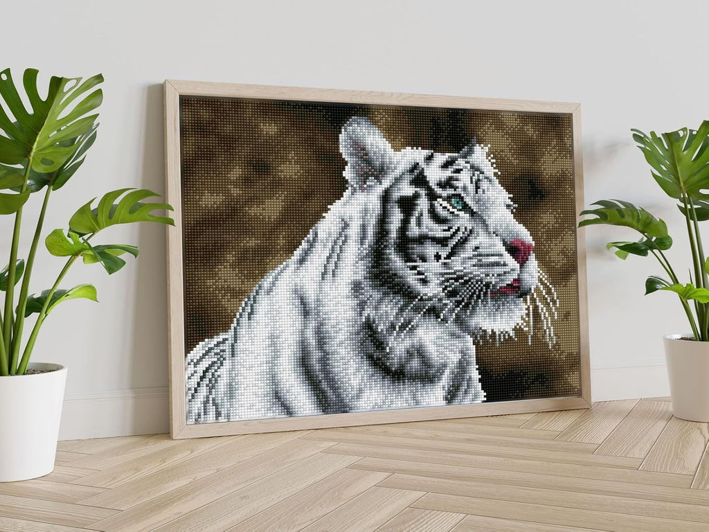 DIAMON DOT Tigr Blan Pre-Frame Ki Anima Diamon Paintin Kit fo Adult Diamon Ar Kit Relaxin Creativ Craf Ki wit Dot Gem 12.2inchx16.1inch