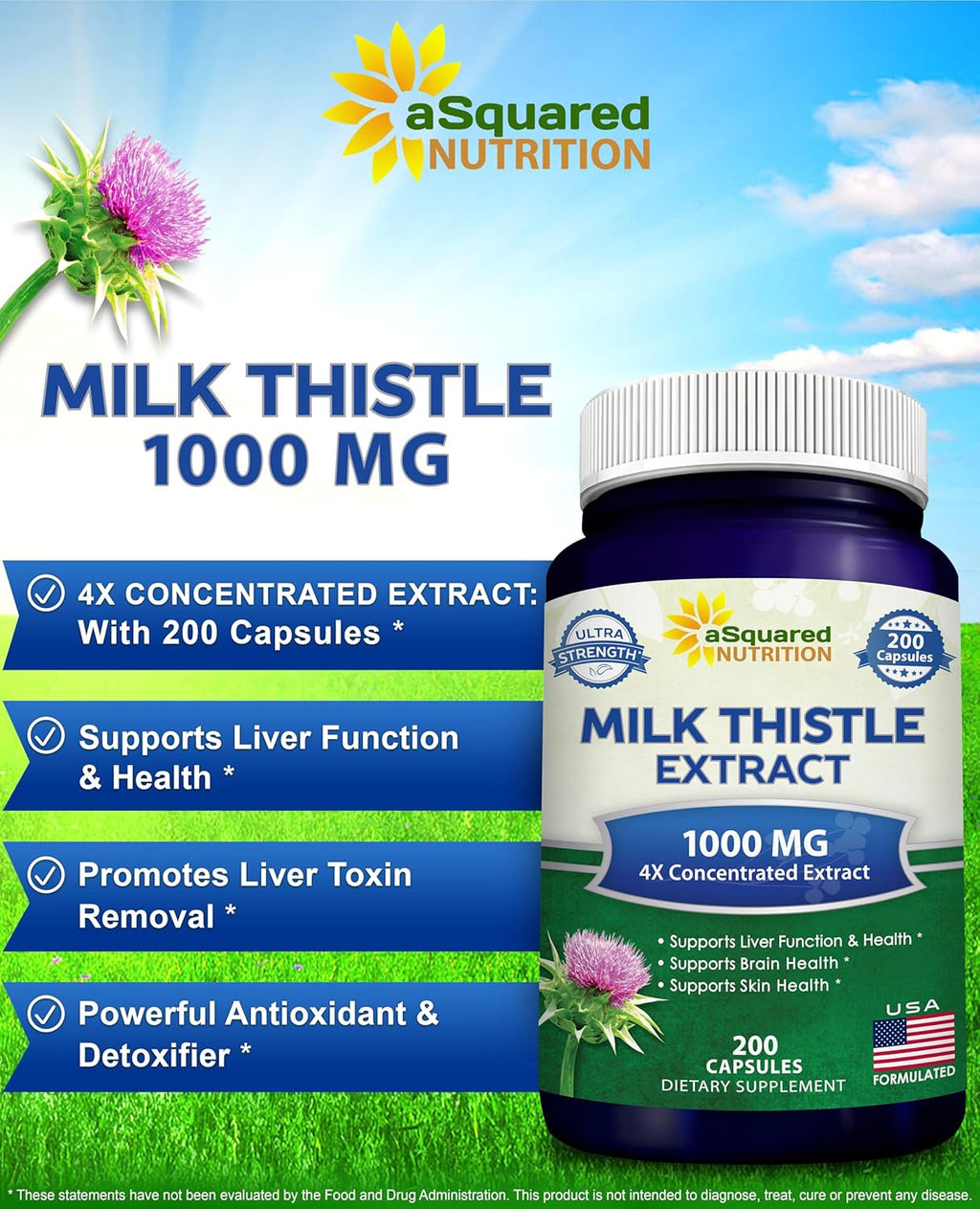 aSquare Nutritio Mil Thistl Supplemen 1000mg-20 Capsules,Ma Strengt 4 Concentrate Extrac 4: Mil Thistl See Powde Her Pills 100 m Silymari Extrac fo Live Support Cleanse Detox