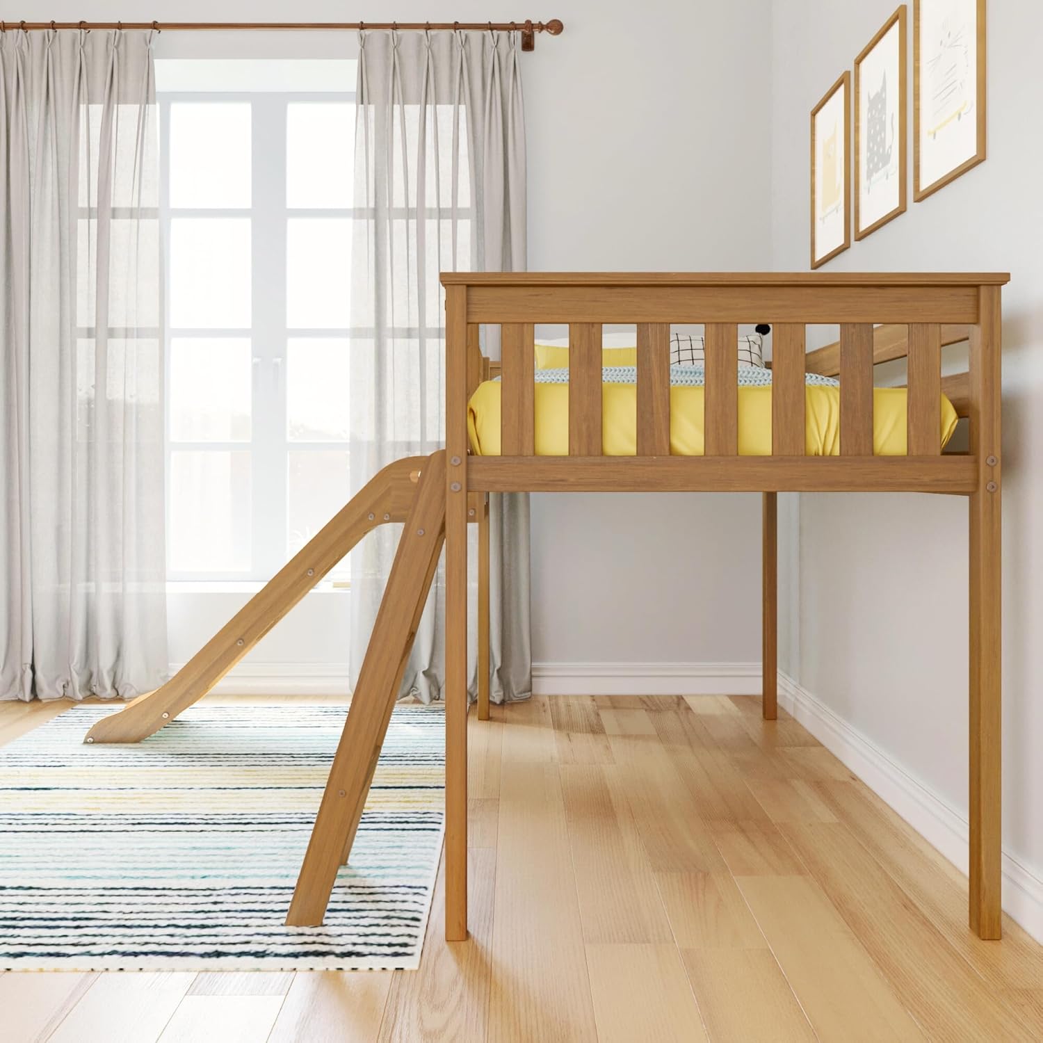 Max Lily Twin Size Low Loft Bed with Slide and Ladder, Classic Solid Wood Kids Bedroom Furniture, 400 lbs Weight Capacity, 14inch Safety Guardrail, Anti-Slip Steps, Pecan