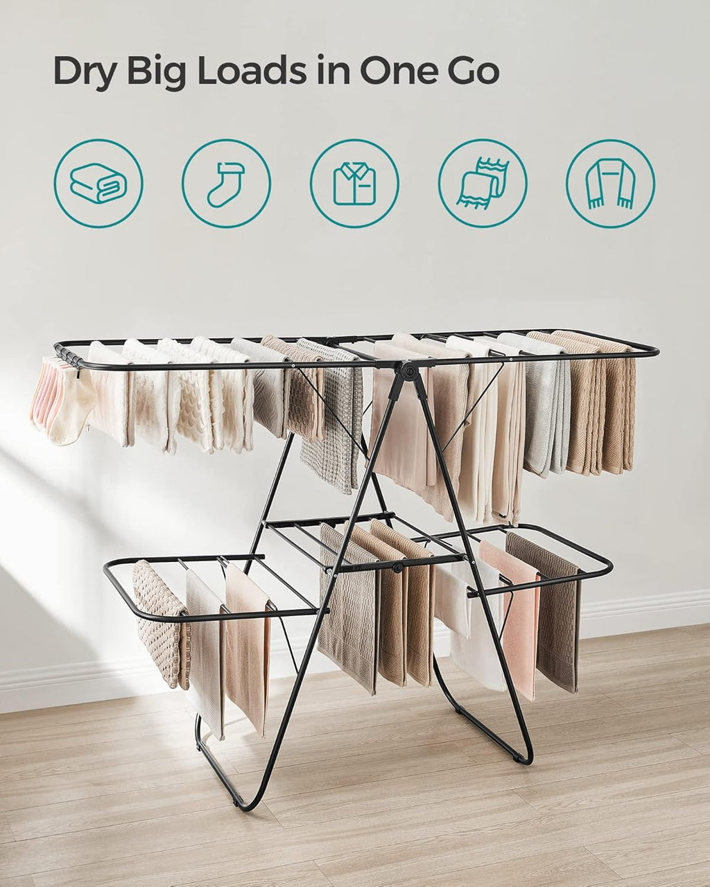 Clothes Drying Rack, Foldable 2-Level Laundry Drying Rack, Free-Standing Laundry Airer, with Height-Adjustable Wings, 33 Drying Rails, Sock Clips, Black ULLR053B01V1