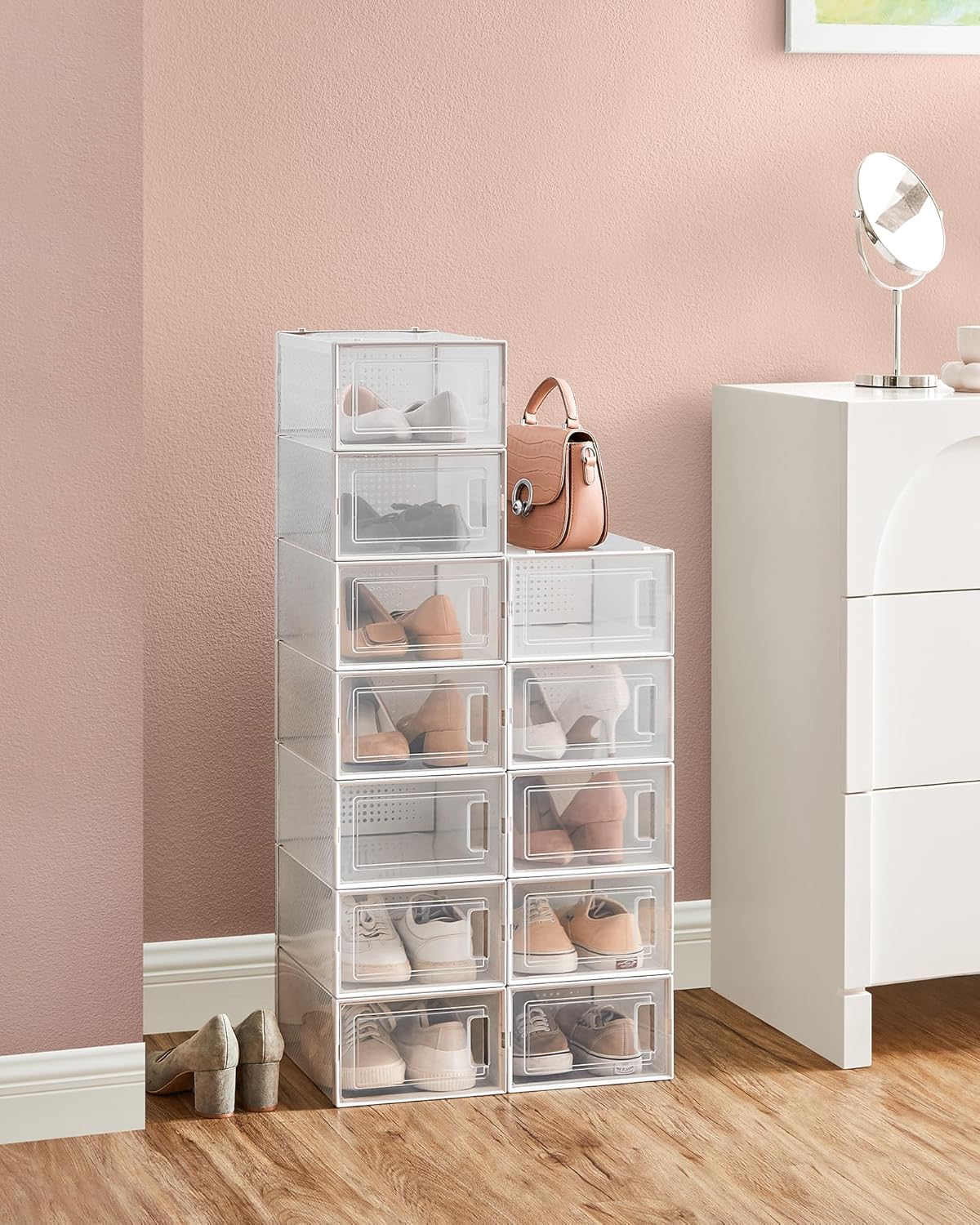 Shoe Boxes, Pack of 12 Shoe Storage Organizers, Stackable Clear Plastic Boxes for Closet, Sneakers, 13.1 x 9.1 x 5.6 Inches, Transparent and White ULSP12SWT