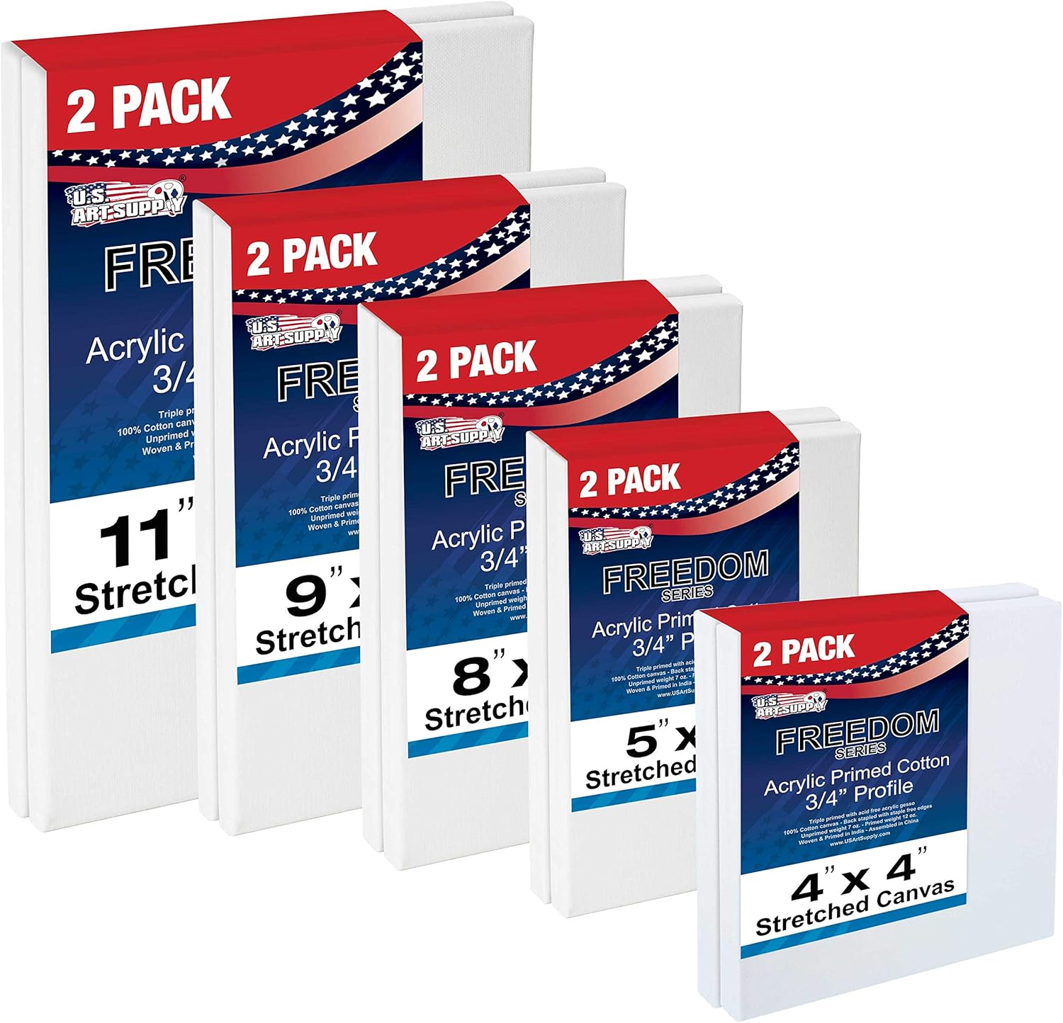 U.S. Art Supply Professional Quality Stretched Canvas, Multipack of 10 Small Sizes, 2 Each 4x4, 5x7, 8x10, 9x12, 11x14 Inches - 12-Ounce Primed, 3/4inch, 100% Cotton - Painting, Acrylic Pouring, Oil