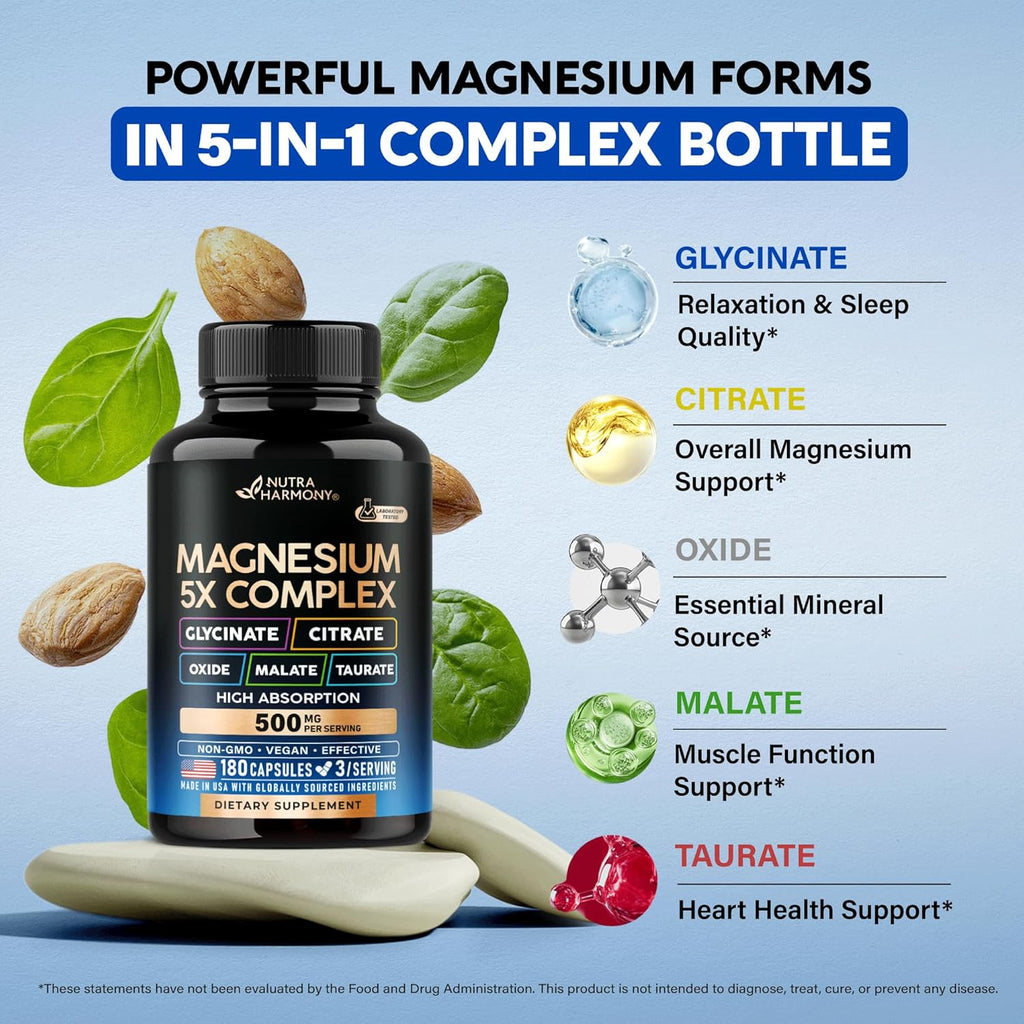 Magnesium Supplement - 5 in 1 Complex | Glycinate | Citrate | Malate | Taurate | Oxide - Made in USA - Stress, Muscle & Heart Support - Vegan, Natural, Non-GMO - 180 Capsules, 2 Month Supply