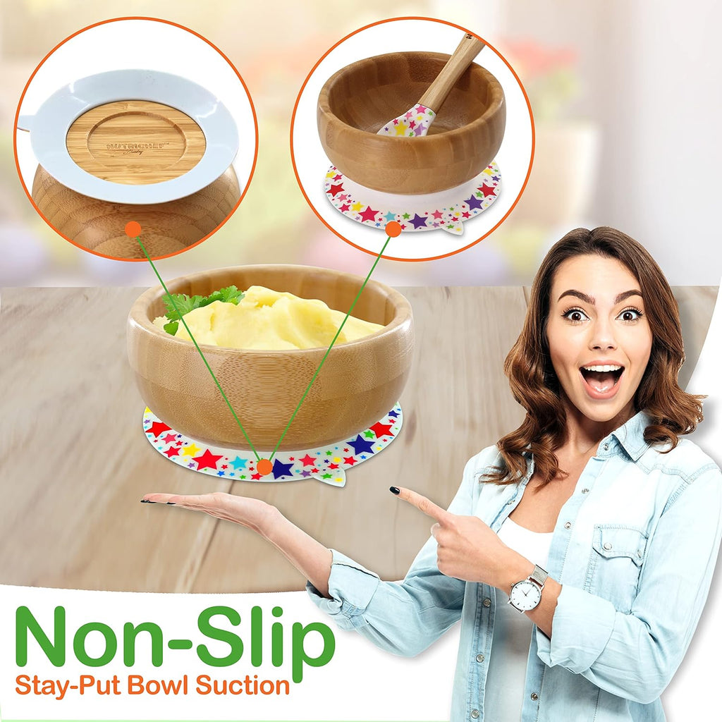 Nutriche Bab an Toddler compartmen plate bowl an spoo feedin set silico suction Non-toxi al natura Bambo bab foo plat wit silico bi (Star)