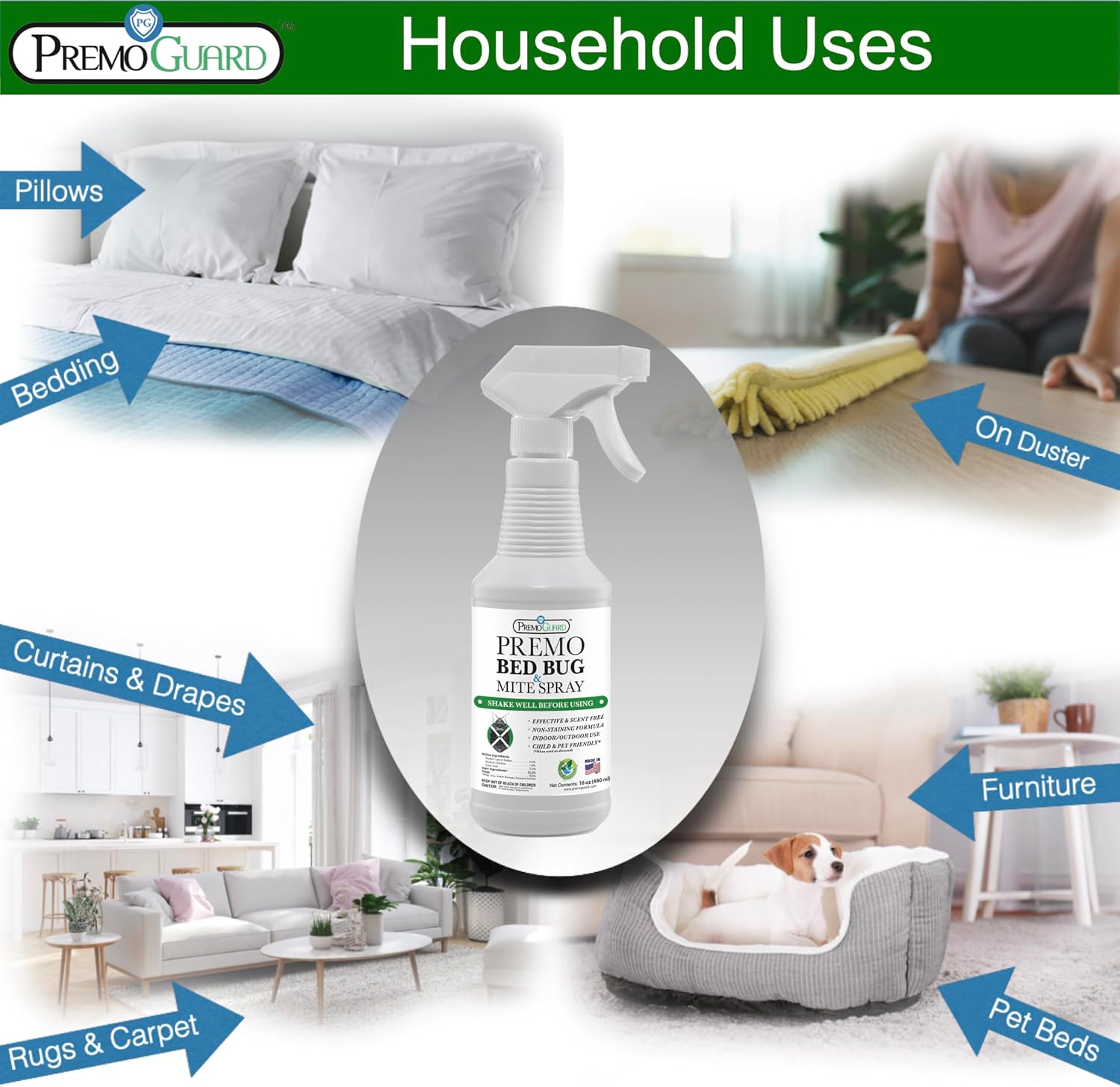 Premo Guard Bed Bug Killer Spray 16 oz - University Tested 100% Kill Rate - Natural Non Toxic, Stain Scent Free - Kill Bedbugs Mites On Bed Blankets, Furniture, Clothing - Child Pet Safe