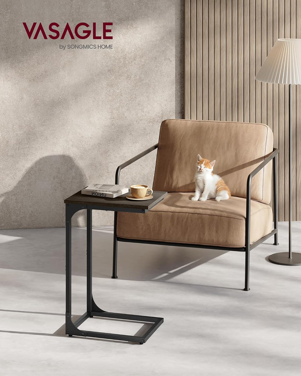 C-Shaped End Table, Small Side Table for Couch, Sofa Table with Metal Frame for Living Room, Bedroom, Bedside, Chestnut Brown and Black