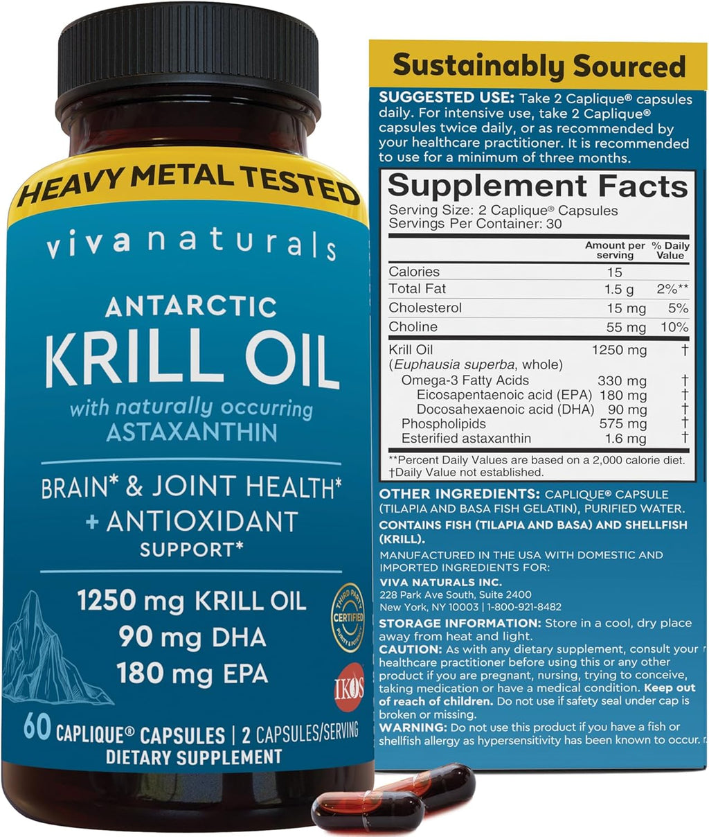Viva Naturals Antarctic Krill Oil Omega 3 Supplements 1250 mg - DHA EPA Omega-3 Astaxanthin Concentration for Joint Health, No Fish Burp - 60 Krill Oil Capsules