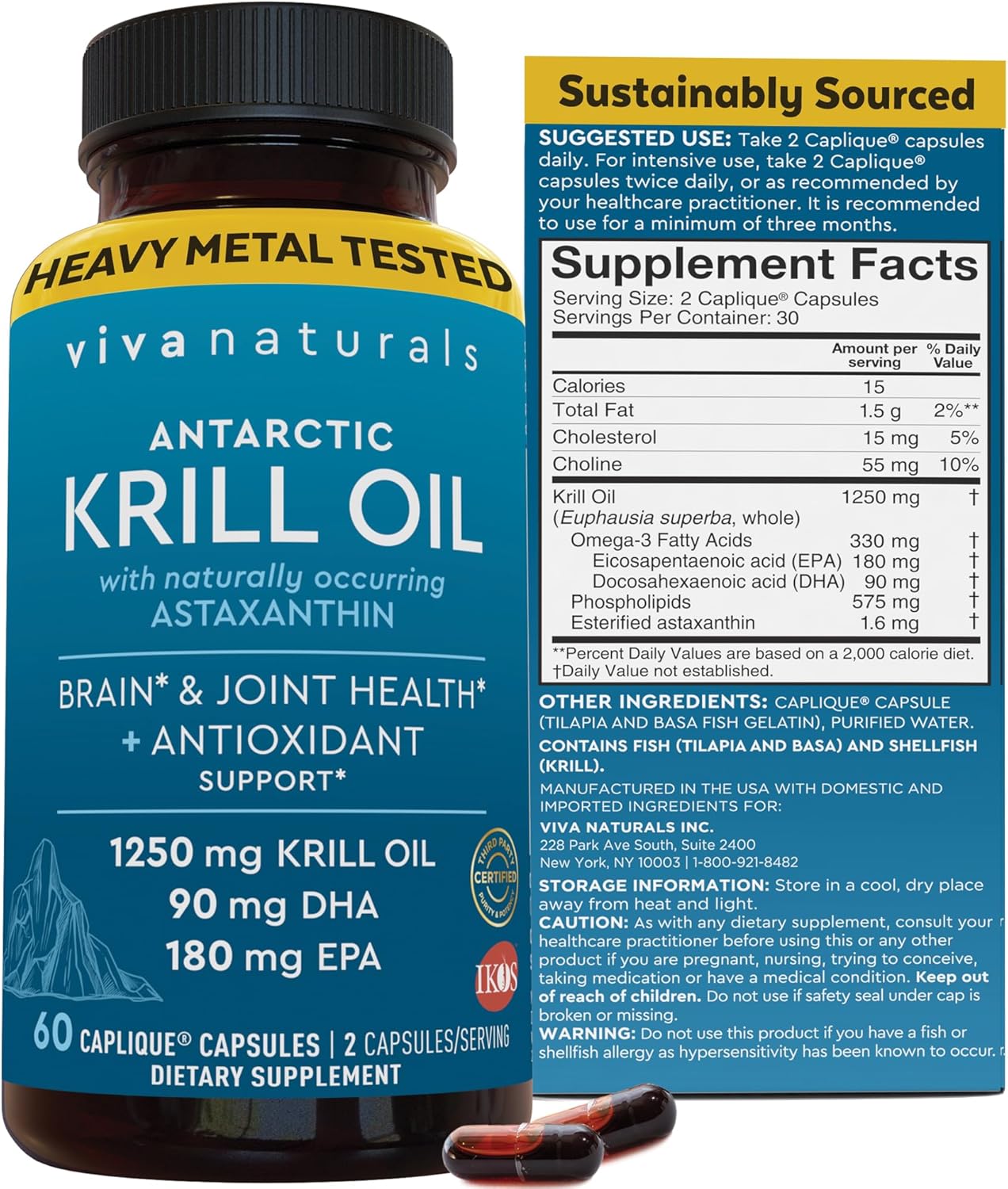 Viva Naturals Antarctic Krill Oil Omega 3 Supplements 1250 mg - DHA EPA Omega-3 Astaxanthin Concentration for Joint Health, No Fish Burp - 60 Krill Oil Capsules