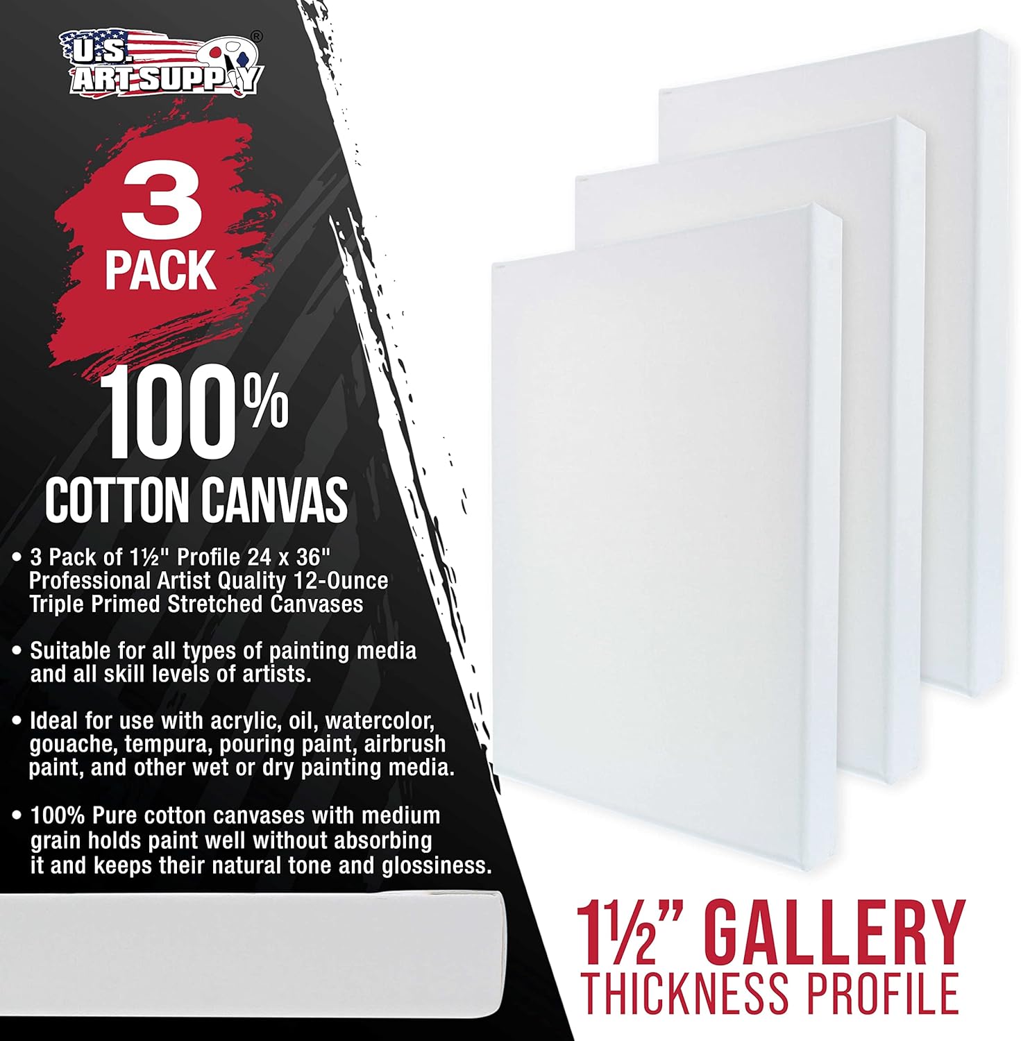 U.S Ar Suppl X-Larg Stretche Canva fo Paintin 24x3 inc Galler Dept 1-1/2inc Thick 3-Pac 12o Acryli Gess Tripl Primed Professiona Artis Quality 100 Cotto Oil Pourin Paint