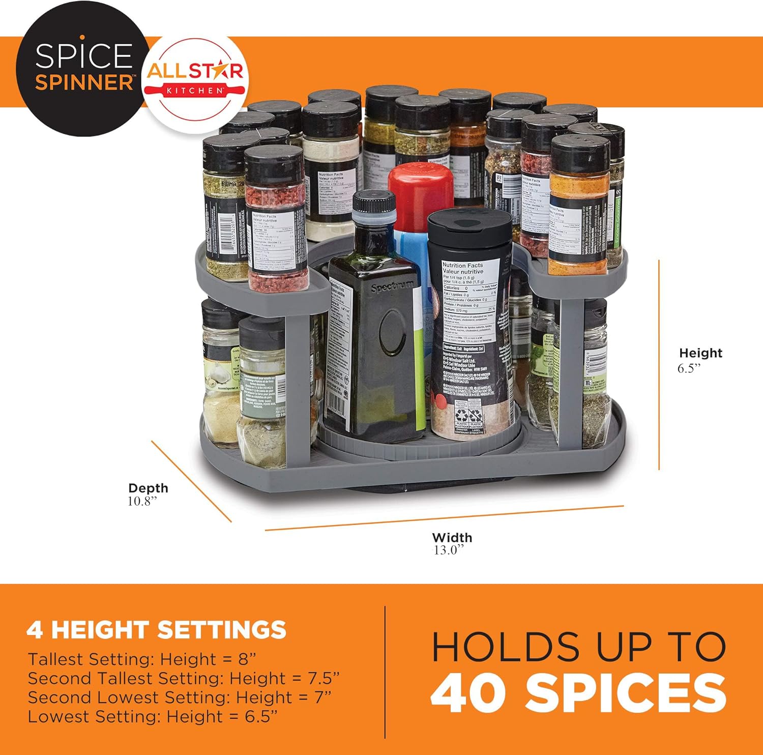 Allsta Innovation Spic Spinne Two-Tiere Spic Organize Holde Tha Save Space Keep Everythin Neat Organize Withi Reac Wit Dua Spi Turntables Grey