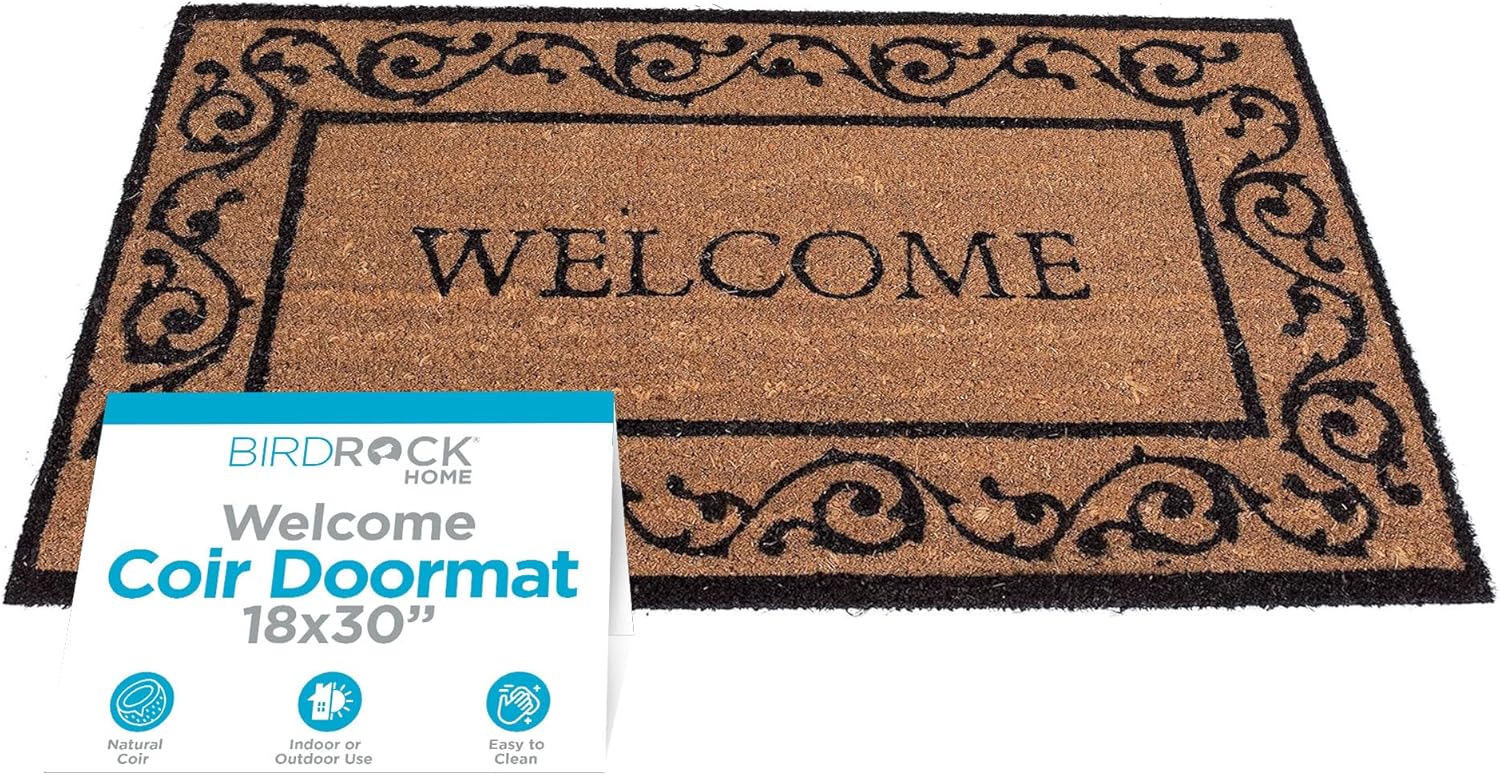 BIRDROCK HOME Welcome Coir Doormat with Scroll Border | 18 x 30 Inch | Standard Welcome Mat with Black Decorative Border | Natural Fade | Vinyl Backed | Outdoor
