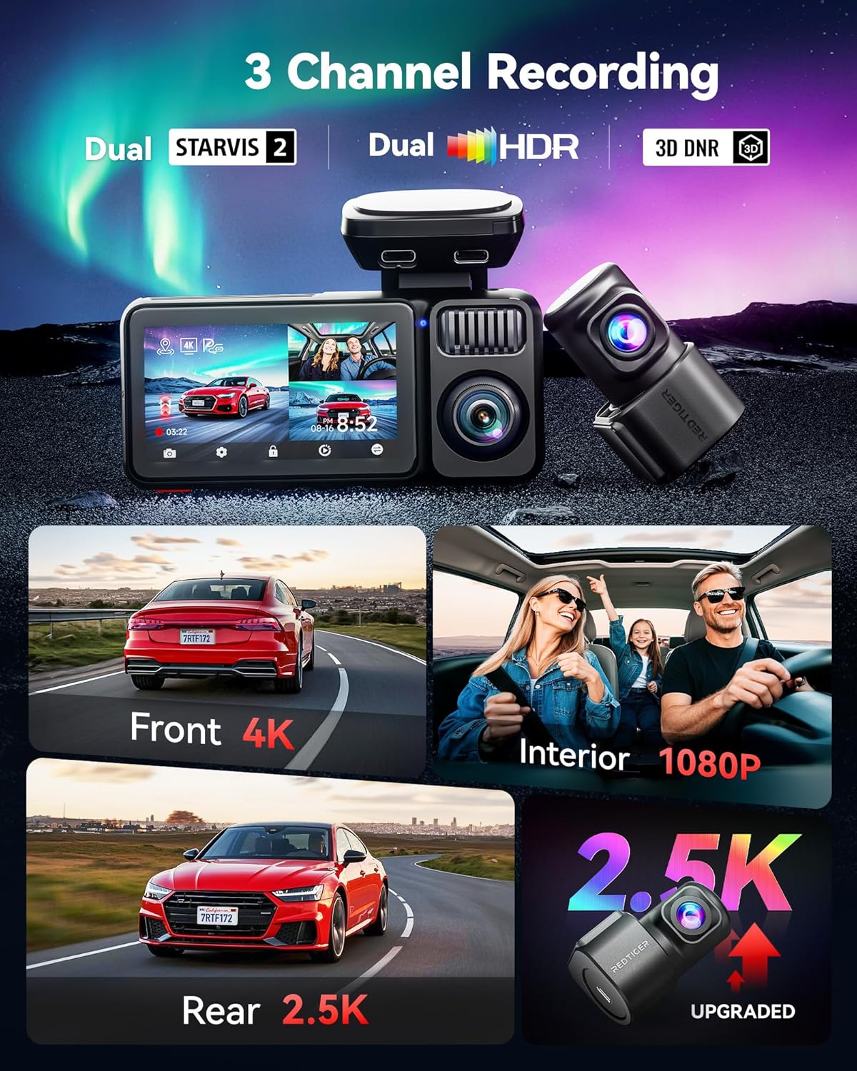 REDTIGE F1 Elit 4 Channe Das Cam STARVI IMX67 IMX675 128G Card Ful Nigh Color 4K+2.5K+1080 Fron an Rea Inside Touc Screen Voic Control 5GH WiF 6 GPS HDR Parkin Mode