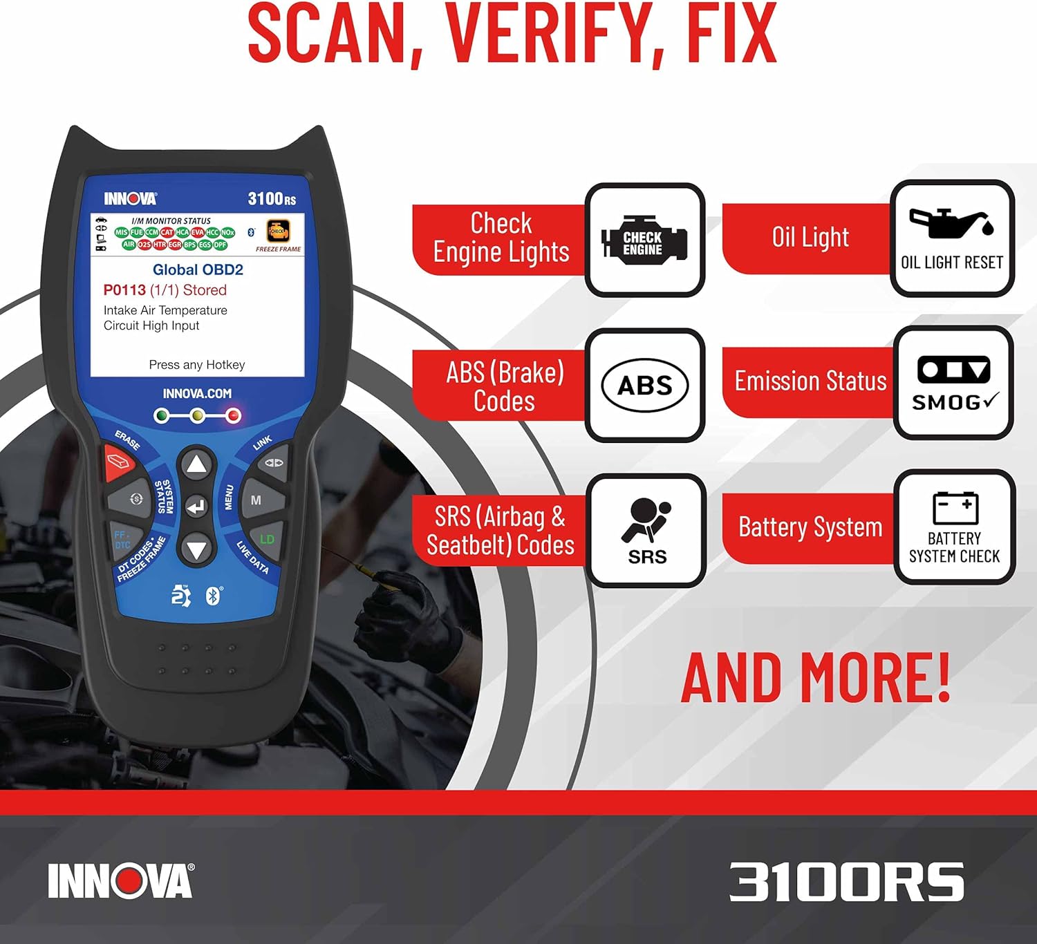 INNOV 3100RS OBD Scanner AB SR Airba Sca Too wit Airba Ligh Oi Ligh Reset Strea Grap Recor Liv Data Ge Suggeste Repai Part o iPhon o Android