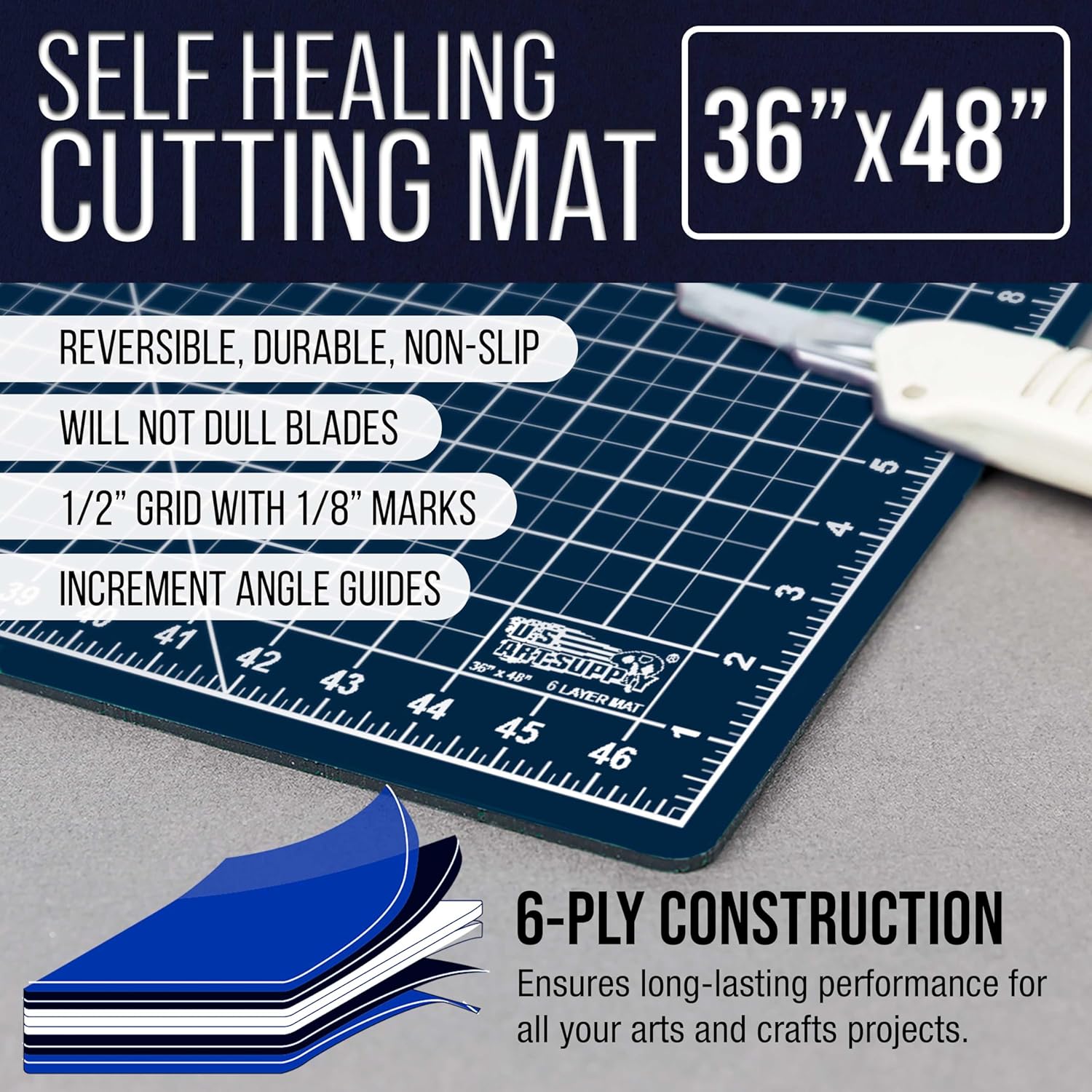 U.S. Art Supply 36inch x 48inch Self-Healing Cutting Mat 5-Ply - Double-Sided White/Blue Craft Mat, Non-Slip Cutting Mats for Crafts, Sewing, Quilting, Scrapbooking