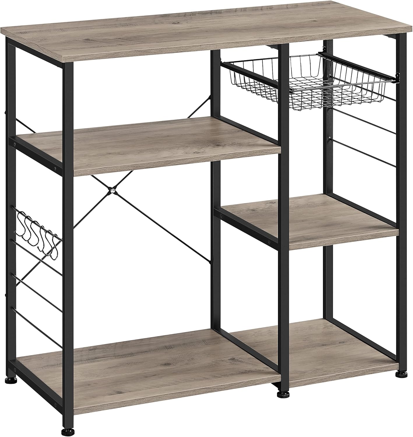 ALINRU Kitchen Baker¡¯s Rack, Coffee Bar, Microwave Oven Stand, with Steel Frame, Wire Basket, 6 Hooks, for Mini Oven, Spices Utensils, Industrial, Heather Greige and Ink Black UKKS090B02