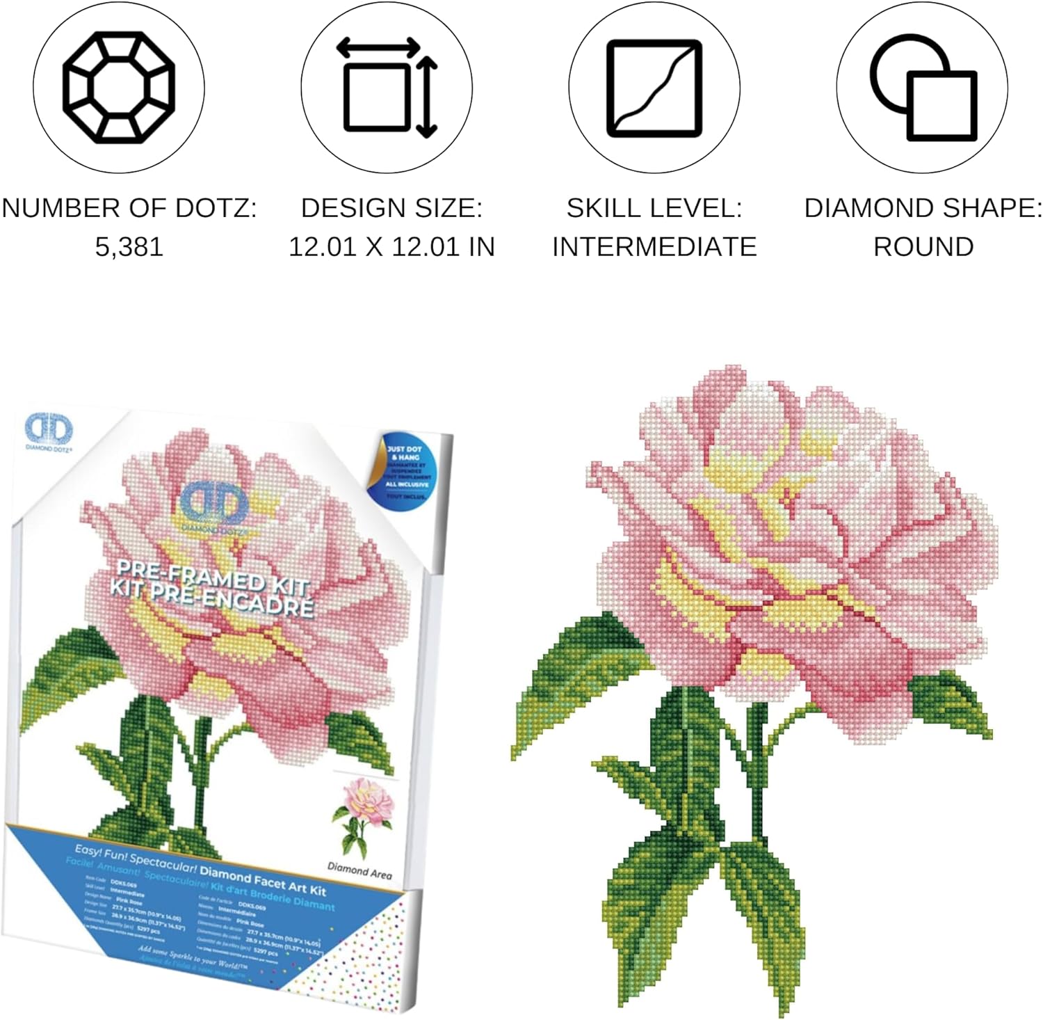 DIAMON DOT Pin Ros wit Fram Flowe Diamon Paintin Kit fo Adult Diamon Ar Kit Relaxin Creativ Craf Ki wit Dot Gem 14inchx10.9inch