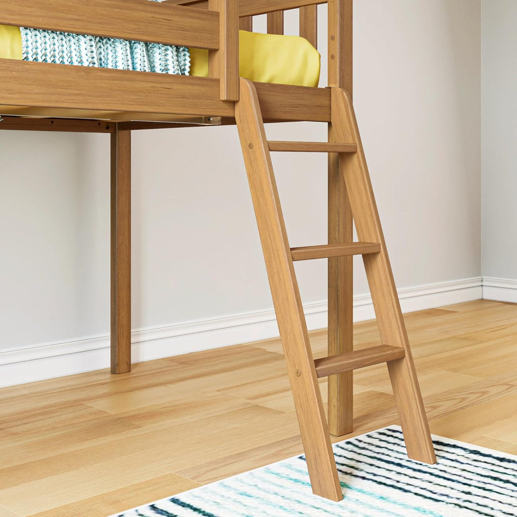 Max Lily Twin Size Low Loft Bed with Slide and Ladder, Classic Solid Wood Kids Bedroom Furniture, 400 lbs Weight Capacity, 14inch Safety Guardrail, Anti-Slip Steps, Pecan