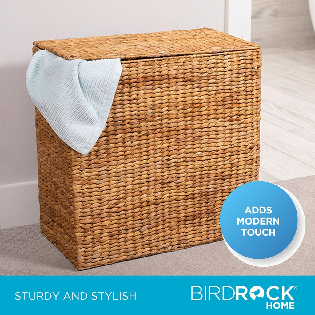 BirdRock Home Water Hyacinth Laundry Hamper Divided Interior (Natural) | Eco Friendly | Made of Hand Woven Hyacinth Fibers | Includes Two Removable Cotton Liners Bag | Wicker Laundry Basket with Lid