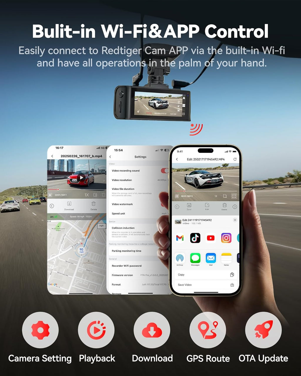 REDTIGE 4 Das Ca Fron an Rear STARVI Sensor 64G Car Included 4K/2.5K+1080 Dua Das Camer fo Car Built-i WiF GPS 3.1 Inc IP Screen 170 Wid Angle Parkin Monito (F7 Pro)