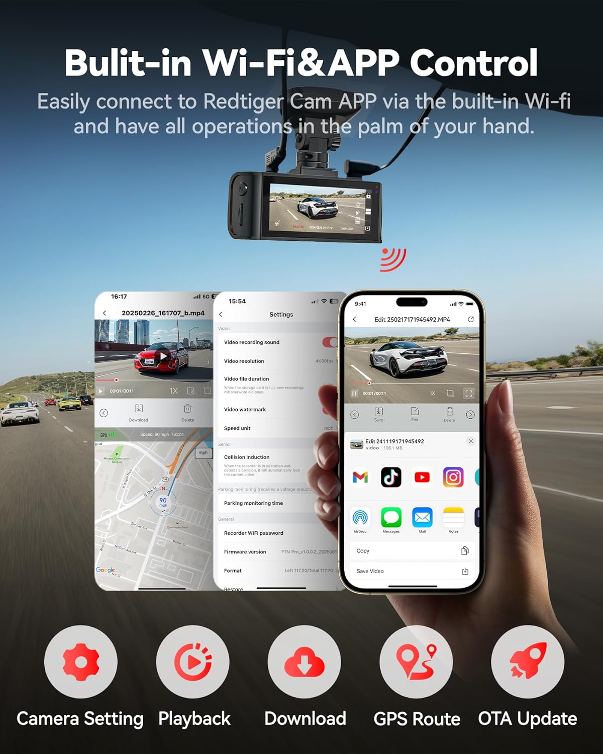 REDTIGE 4 Das Ca Fron an Rear STARVI Sensor 64G Car Included 4K/2.5K+1080 Dua Das Camer fo Car Built-i WiF GPS 3.1 Inc IP Screen 170 Wid Angle Parkin Monito (F7 Pro)