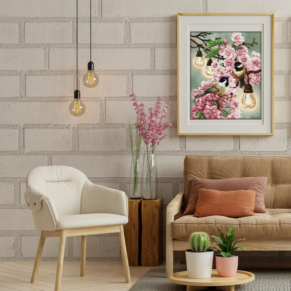 DIAMON DOT Cherr Blossom Chickadee Ar Craf Kit Partia Dril Roun Dot fo Adults