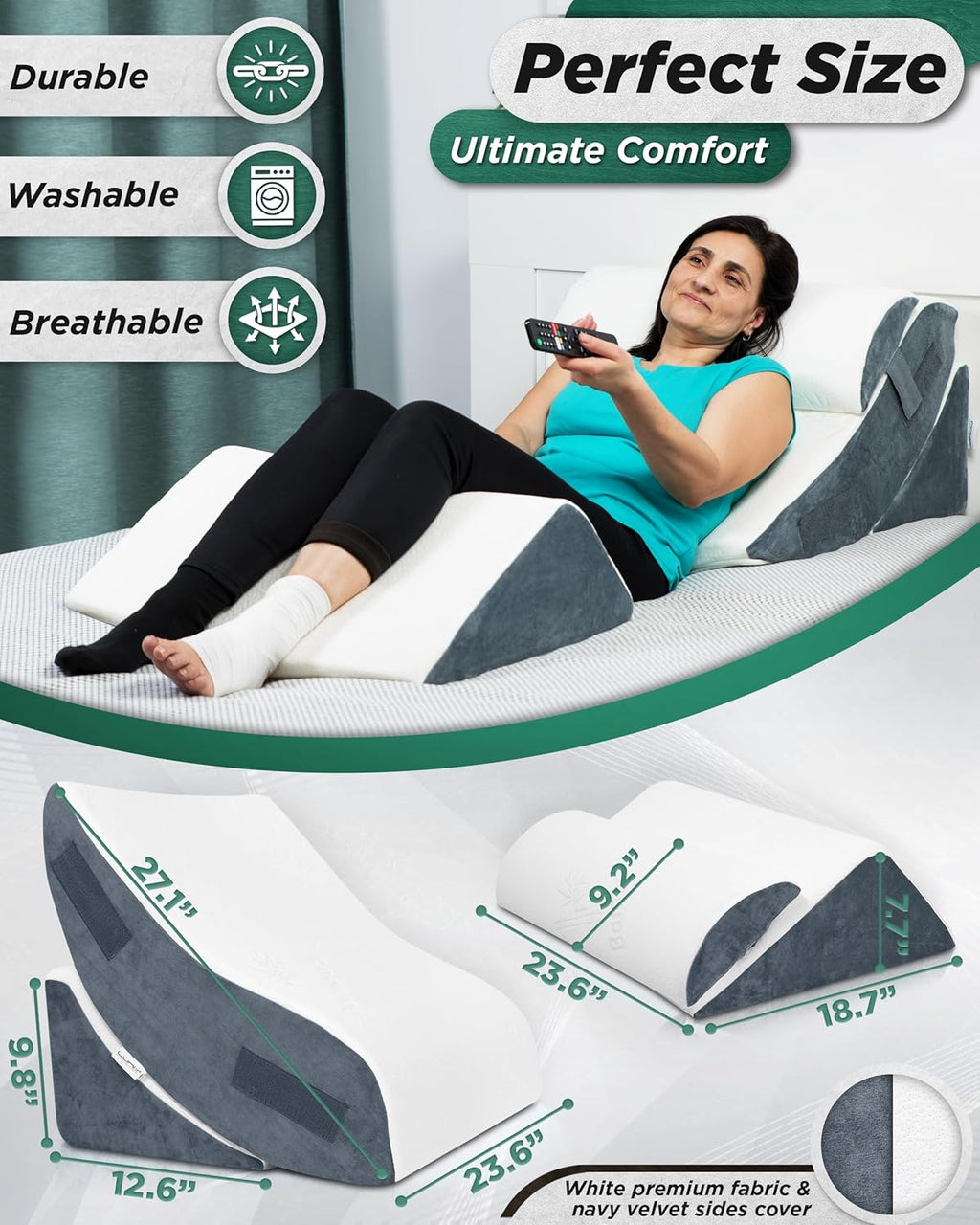 Lunix 4pcs Orthopedic Bed Wedge Pillow Set, Post Surgery Memory Foam for Back, Knee, Leg Pain Relief, Sitting Pillow for Sleeping, Acid Reflux, GERD, with Hot Cold Pack, Navy