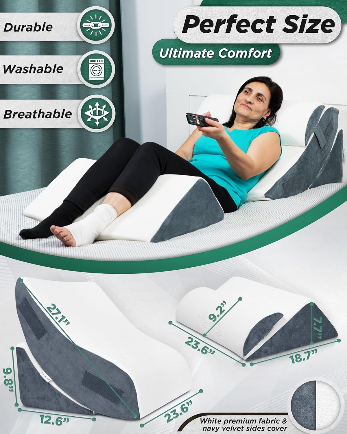 Lunix 4pcs Orthopedic Bed Wedge Pillow Set, Post Surgery Memory Foam for Back, Knee, Leg Pain Relief, Sitting Pillow for Sleeping, Acid Reflux, GERD, with Hot Cold Pack, Navy