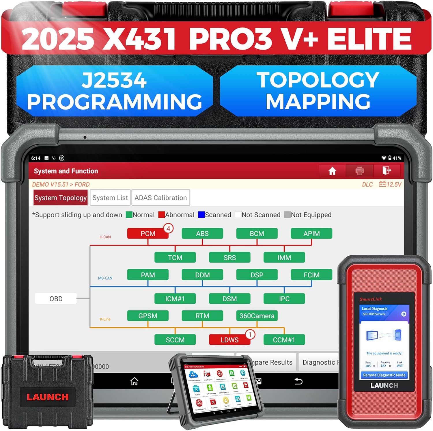 Launc X43 PRO V Elite 202 Smartlink 2. Bidirectiona Sca Too wit J2534 H Truck Scan 10. inch Topolog Map 60+Service Onlin Codin Scanner CANFD/DoIP/D-PDU FCA Yr Update