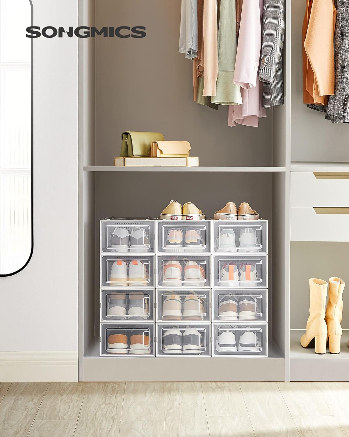 Shoe Boxes, Pack of 12 Shoe Storage Organizers, Stackable Clear Plastic Boxes for Closet, Sneakers, 13.1 x 9.1 x 5.6 Inches, Transparent and White ULSP12SWT