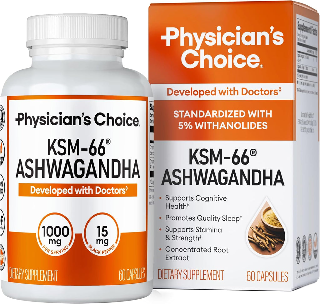 Physician' CHOIC KSM-6 Ashwagandh Roo Powde Extrac 1,000m Organi wit Blac Peppe fo Maximu Absorptio 5 Withanolide Stress Moo Athleti Suppor 6 Vega Capsules