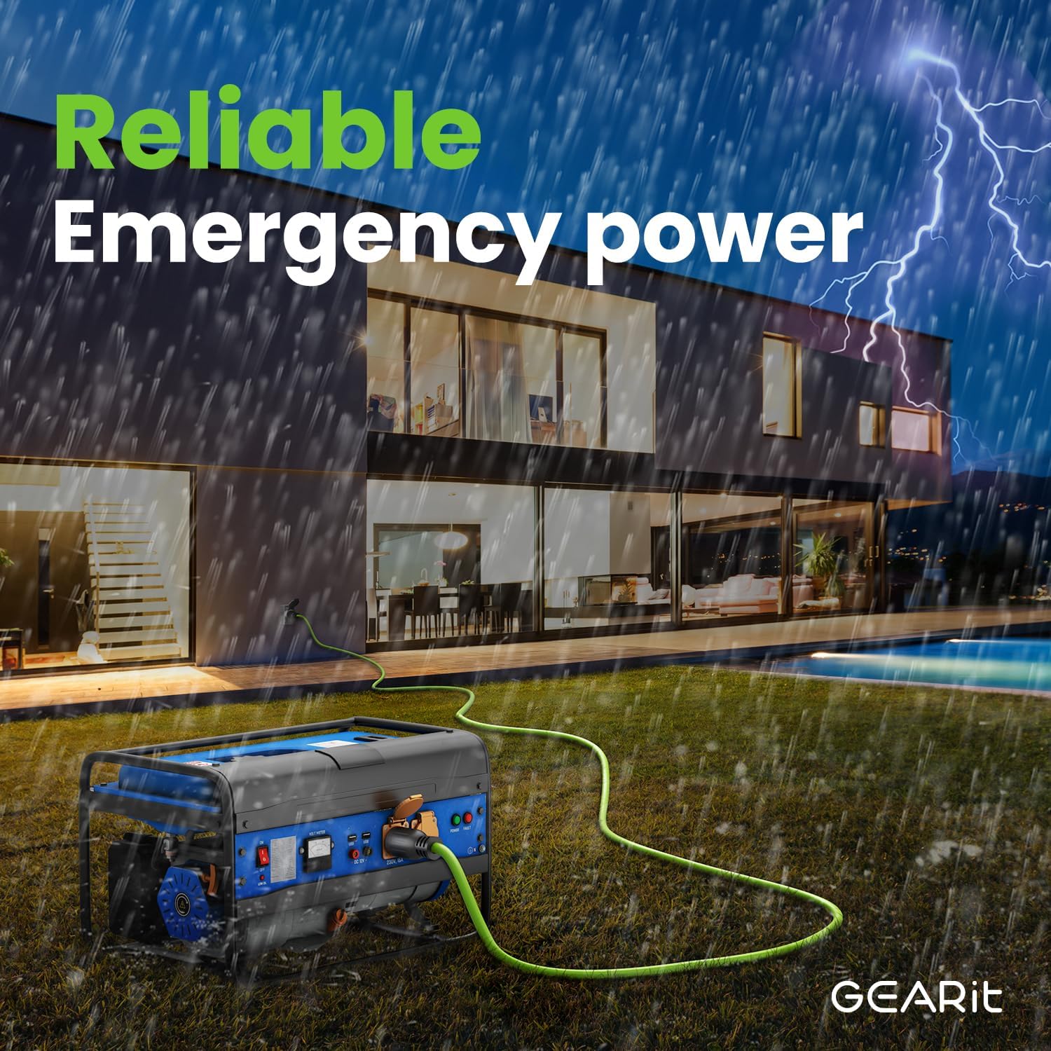 GEARit 30-Amp Generator Extension Cord, 120/250-Volt, 4-Prong, 7500W, NEMA L14-30P/L L14-30R, 10 Gauge SJTW Locking Power Cord for Manual Transfer Switch, Portable Generator Power Outage, 10 Ft, Green