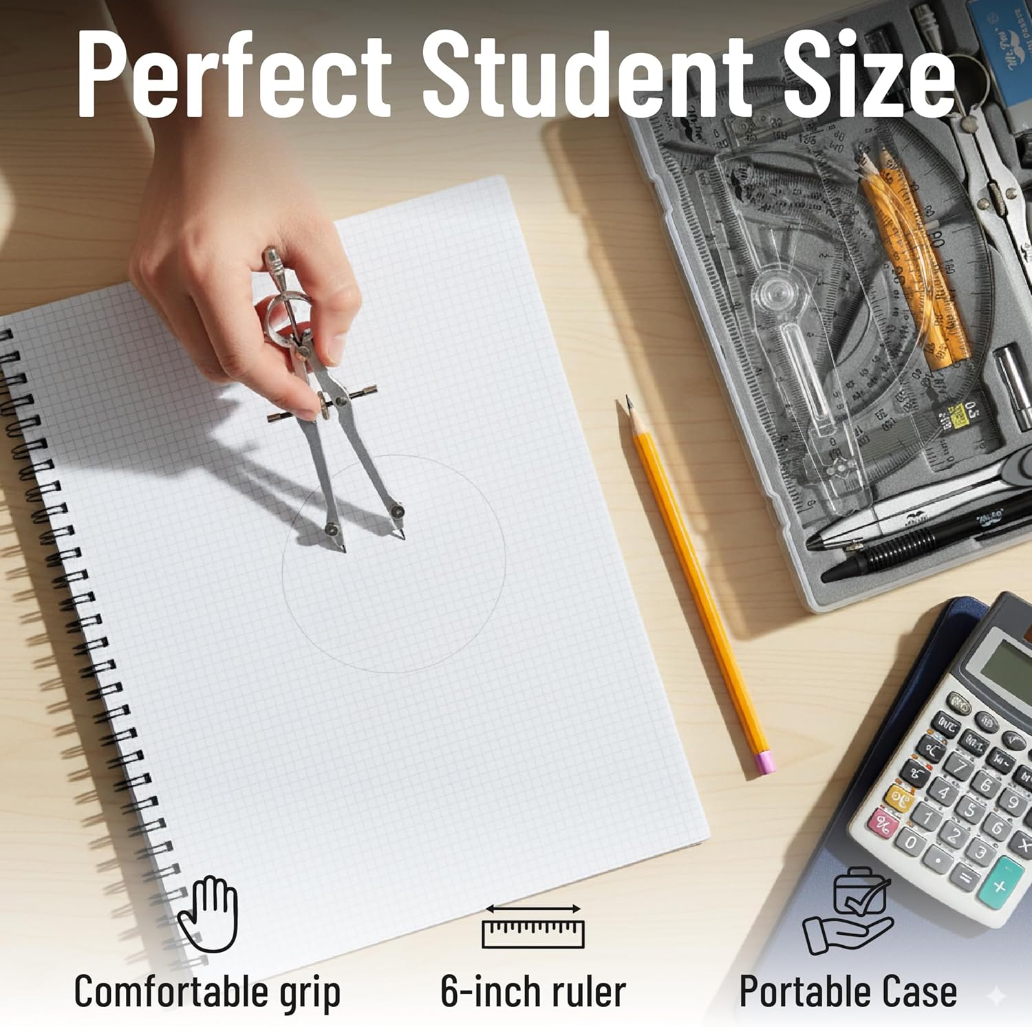Geometry Set with 6 Inch Swing Arm Protractor, Divider, Set Squares, Ruler, Compasses and Protractor, 15 Piece Set